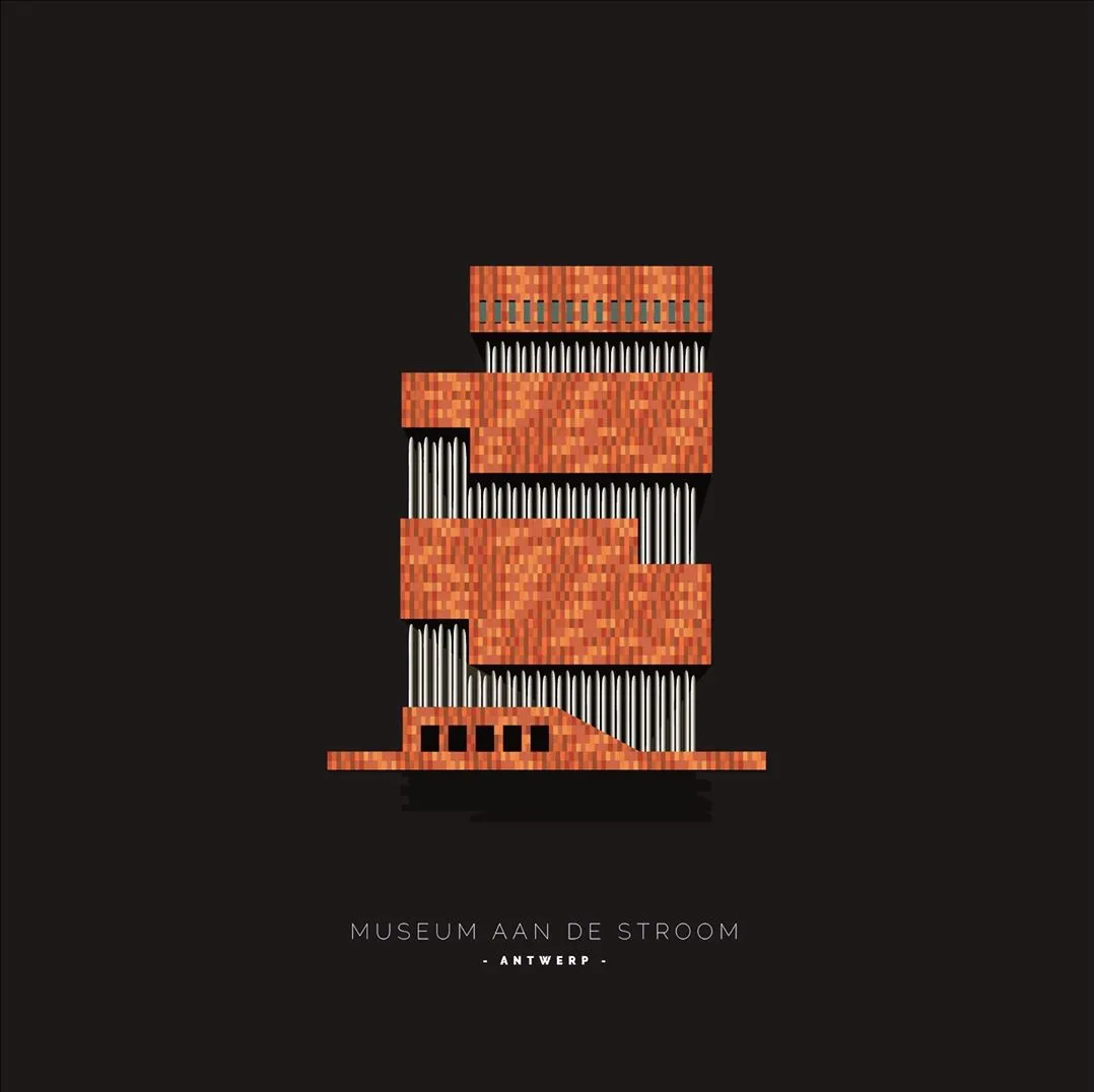 A letterform built from stacked orange bricks, on a dark ground.
