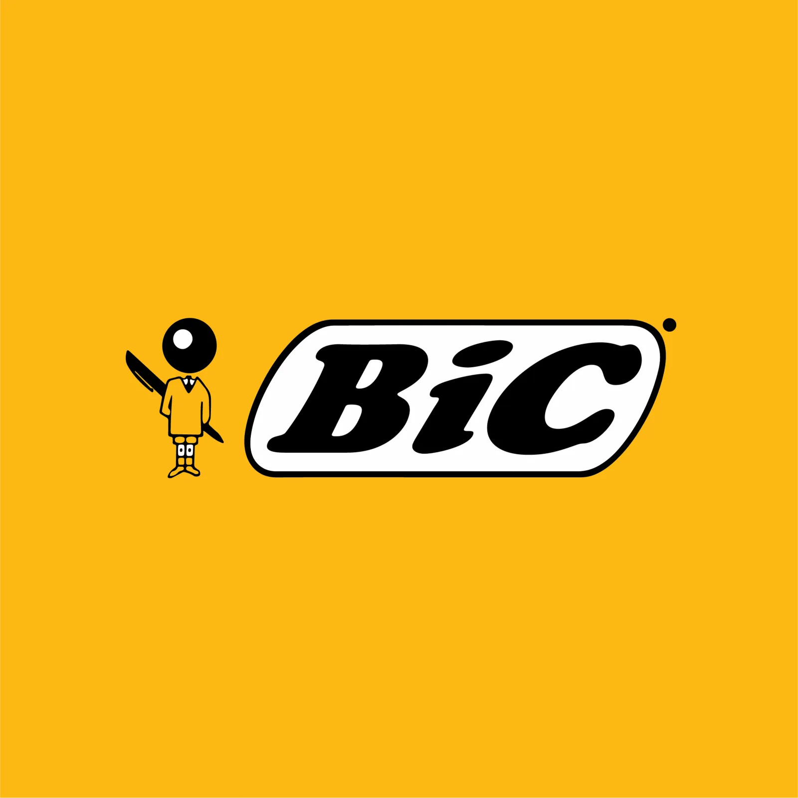 The BIC logo, its wordmark in Cooper Black inside a black outline beside the BIC boy, on yellow.