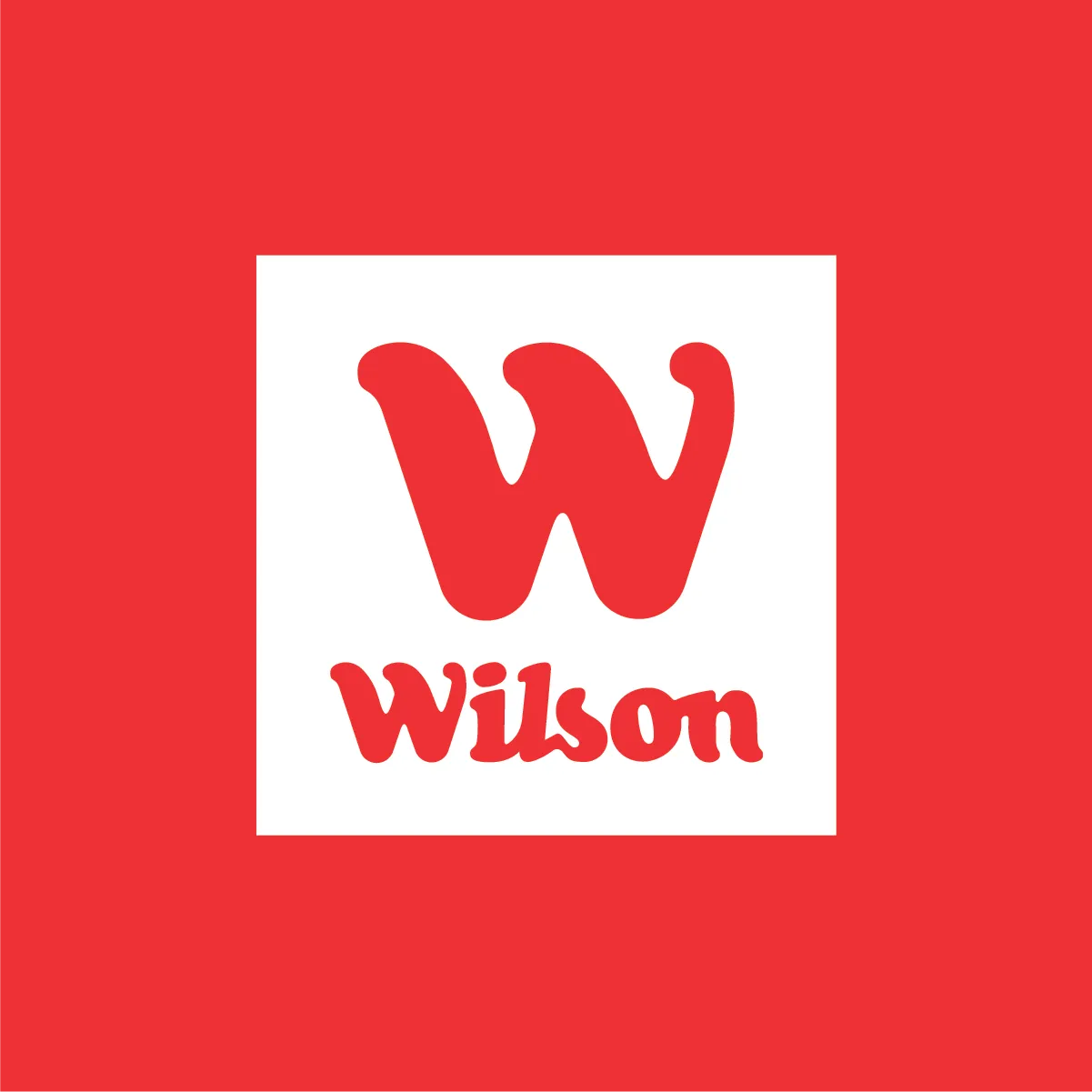 The Wilson logo, the W and wordmark in red Cooper Black on a white square, on red.
