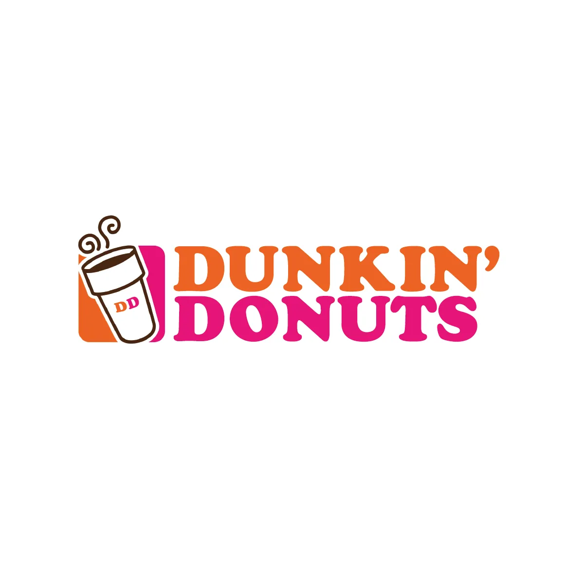 The Dunkin' Donuts logo, the wordmark in orange and pink Cooper Black beside a coffee cup, on white.