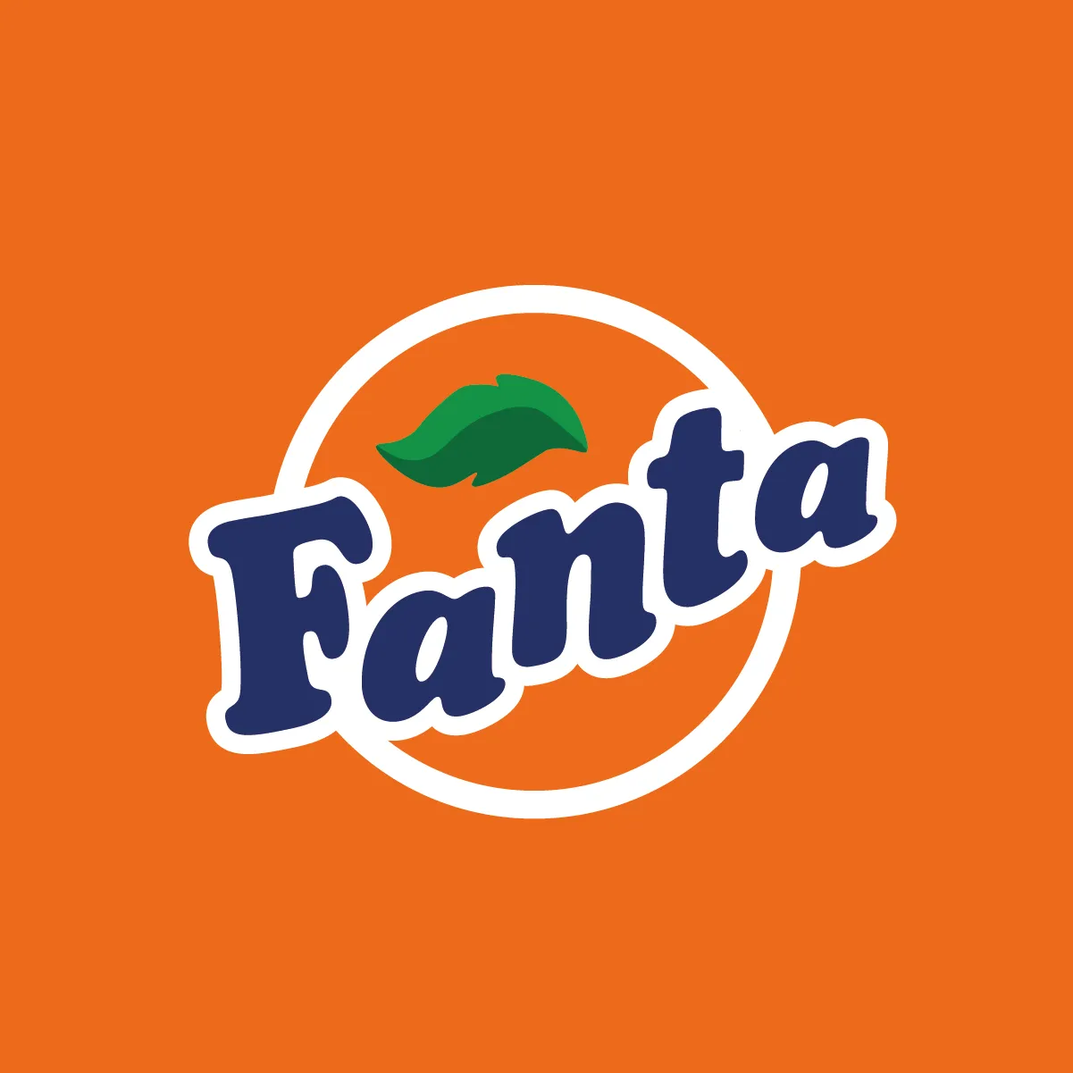 The Fanta logo, the wordmark in white Cooper Black inside a blue outline with a leaf, on orange.