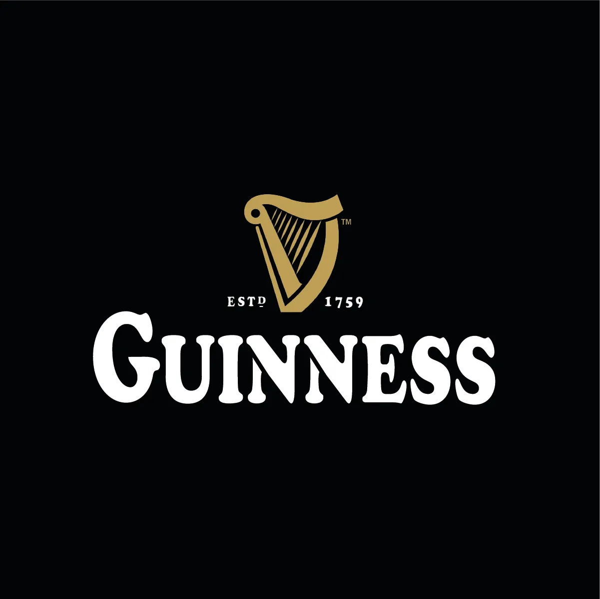The Guinness logo, the wordmark in white Cooper Black beneath the harp, on black.