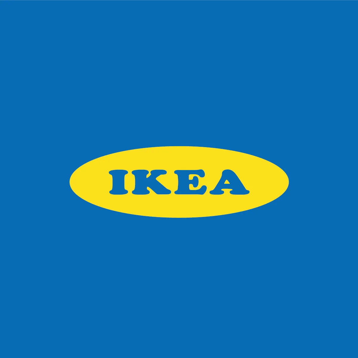 The IKEA logo, the wordmark in blue Cooper Black inside a yellow ellipse, on blue.