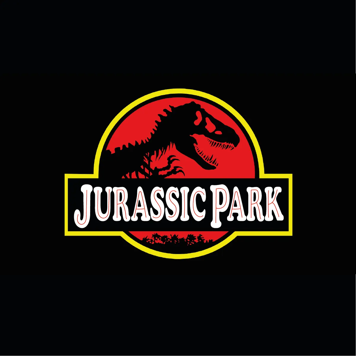 The Jurassic Park logo, the wordmark in Cooper Black on a black shield with a yellow keyline and the dinosaur skeleton.