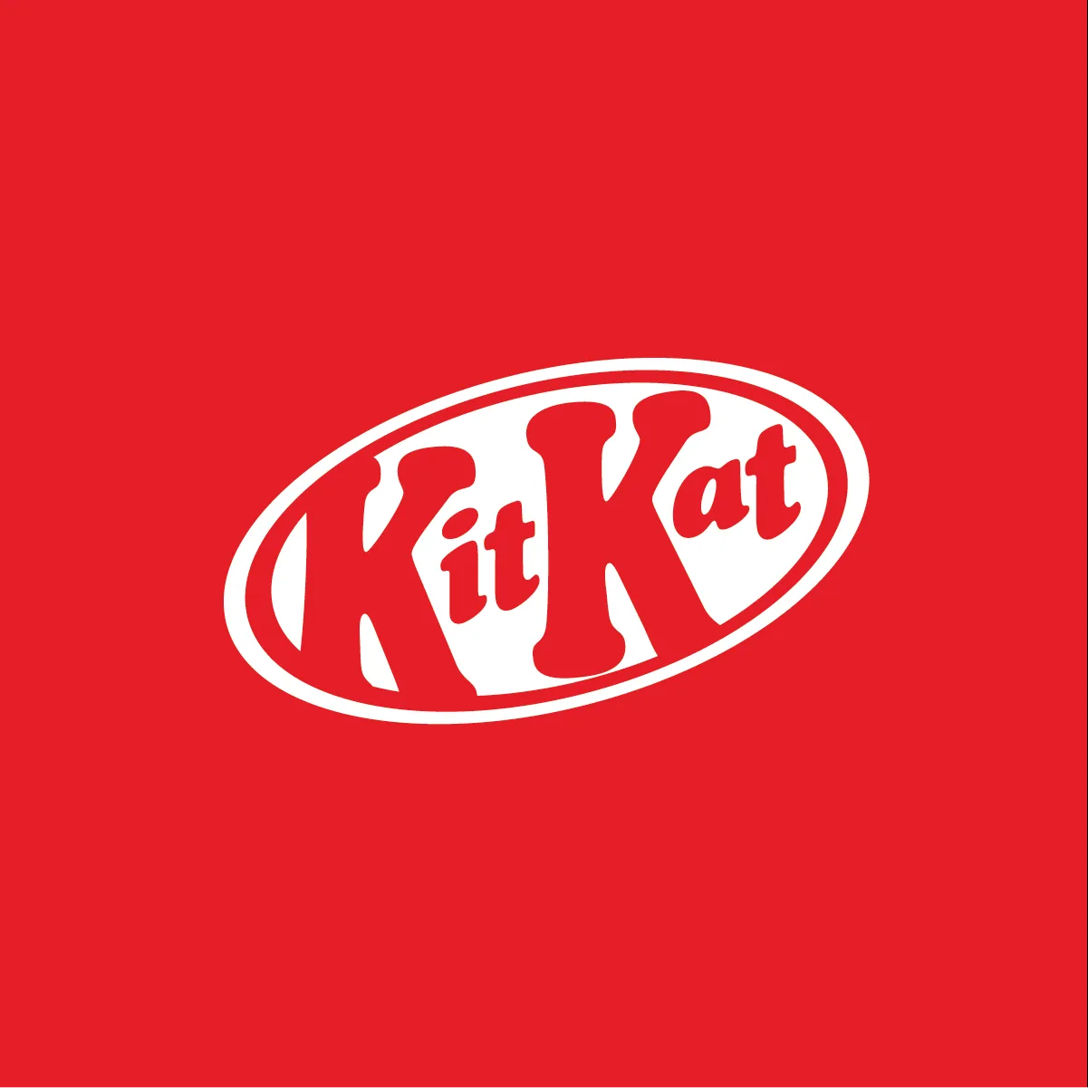 The KitKat logo, the wordmark in white Cooper Black inside a red ellipse, on red.