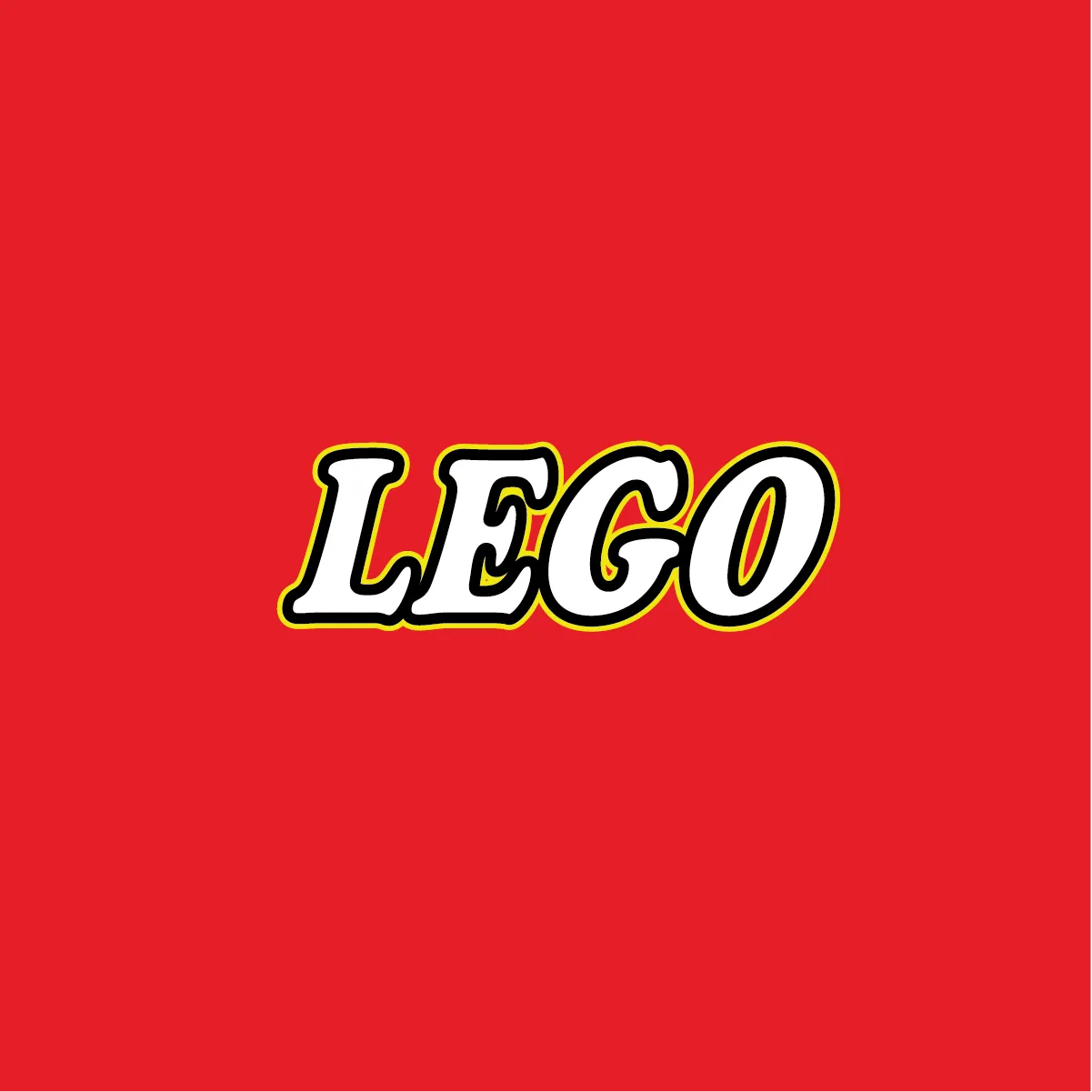 The LEGO logo, the wordmark in yellow Cooper Black inside black and white outlines, on red.