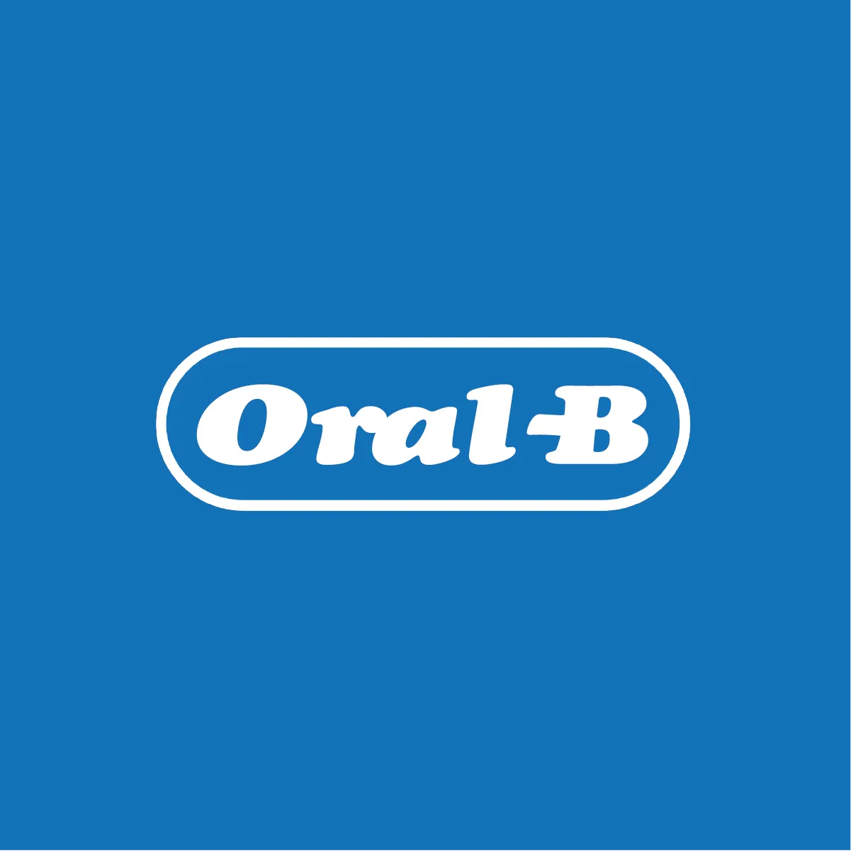 The Oral-B logo, the wordmark in white Cooper Black inside a rounded outline, on blue.