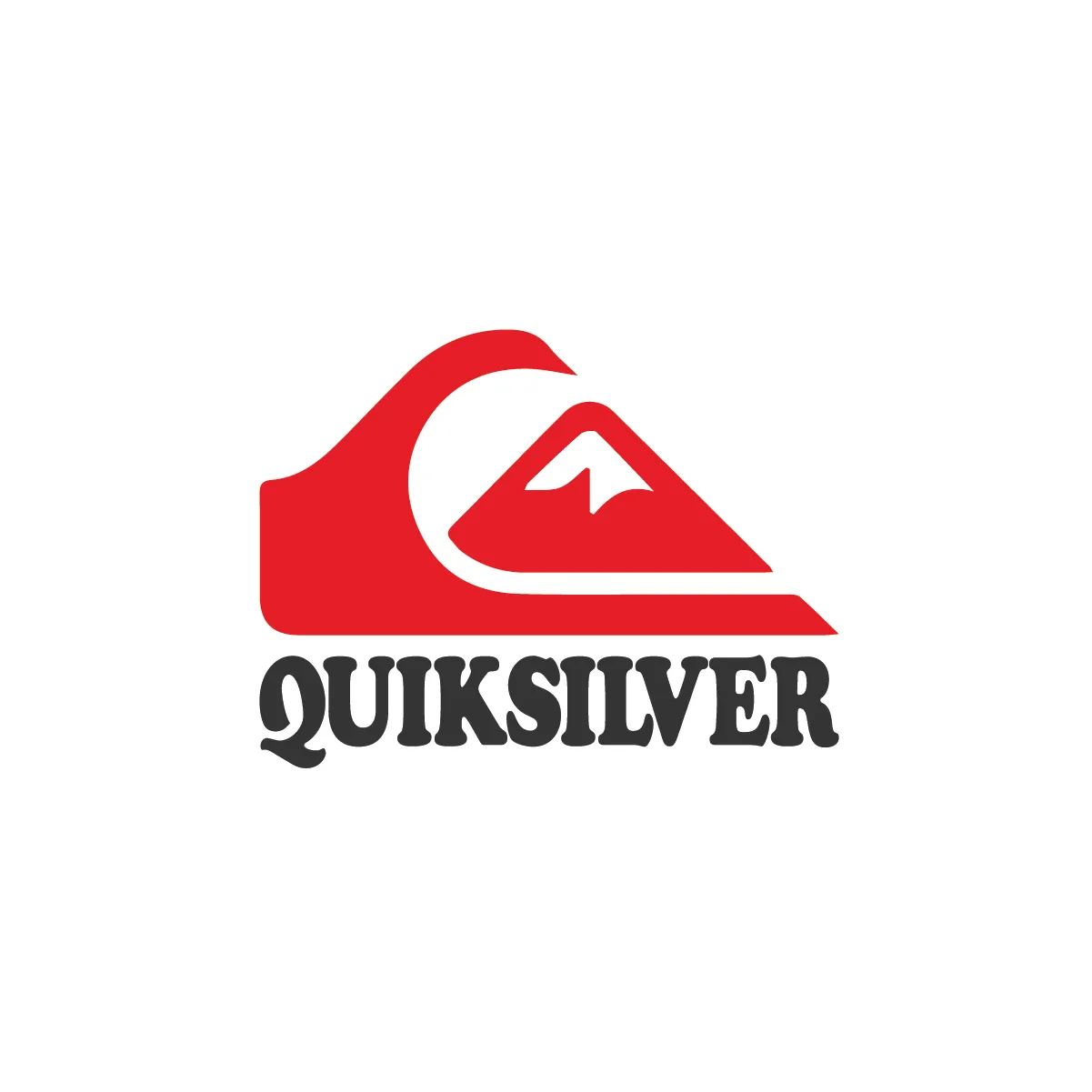 The Quiksilver logo, the wordmark in black Cooper Black beneath the red and white wave mountain, on white.