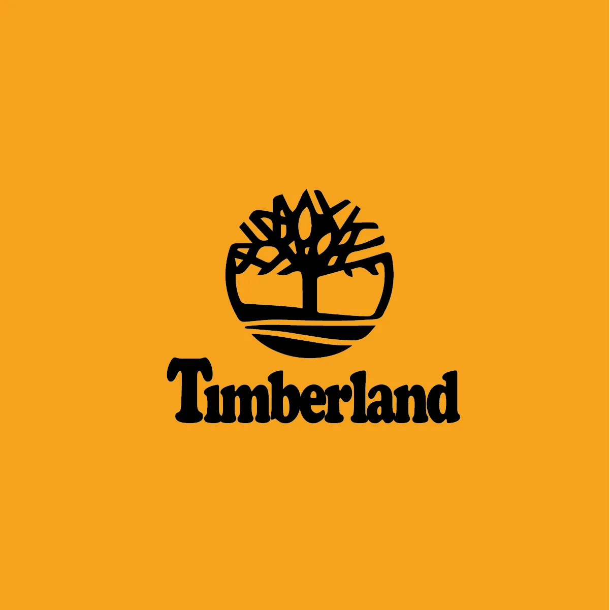 The Timberland logo, the wordmark in black Cooper Black beneath the tree, on orange.