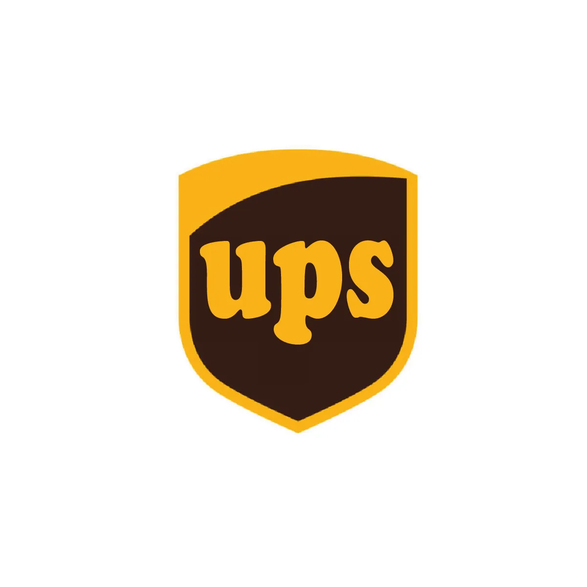 The UPS logo, the letters in gold Cooper Black on a brown shield, on white.
