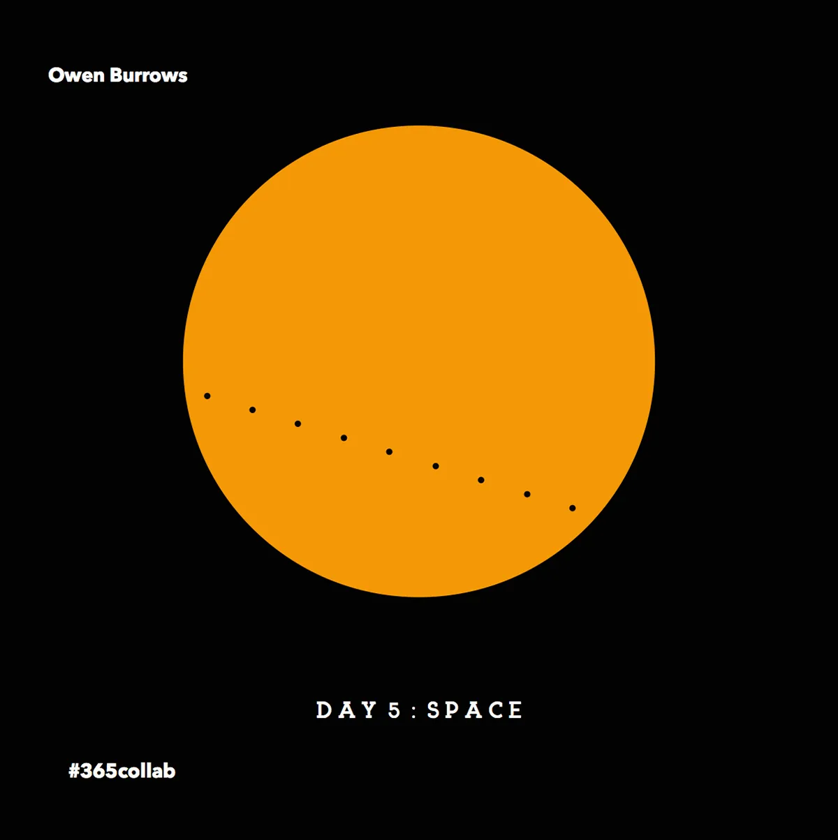 Day three: space, an orange disc with a faint dotted orbit on black.