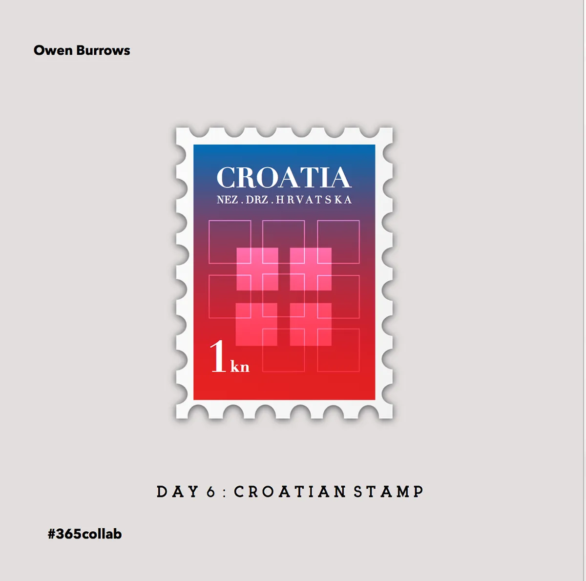 Day six: a Croatian stamp, a red and blue design set inside a perforated frame.