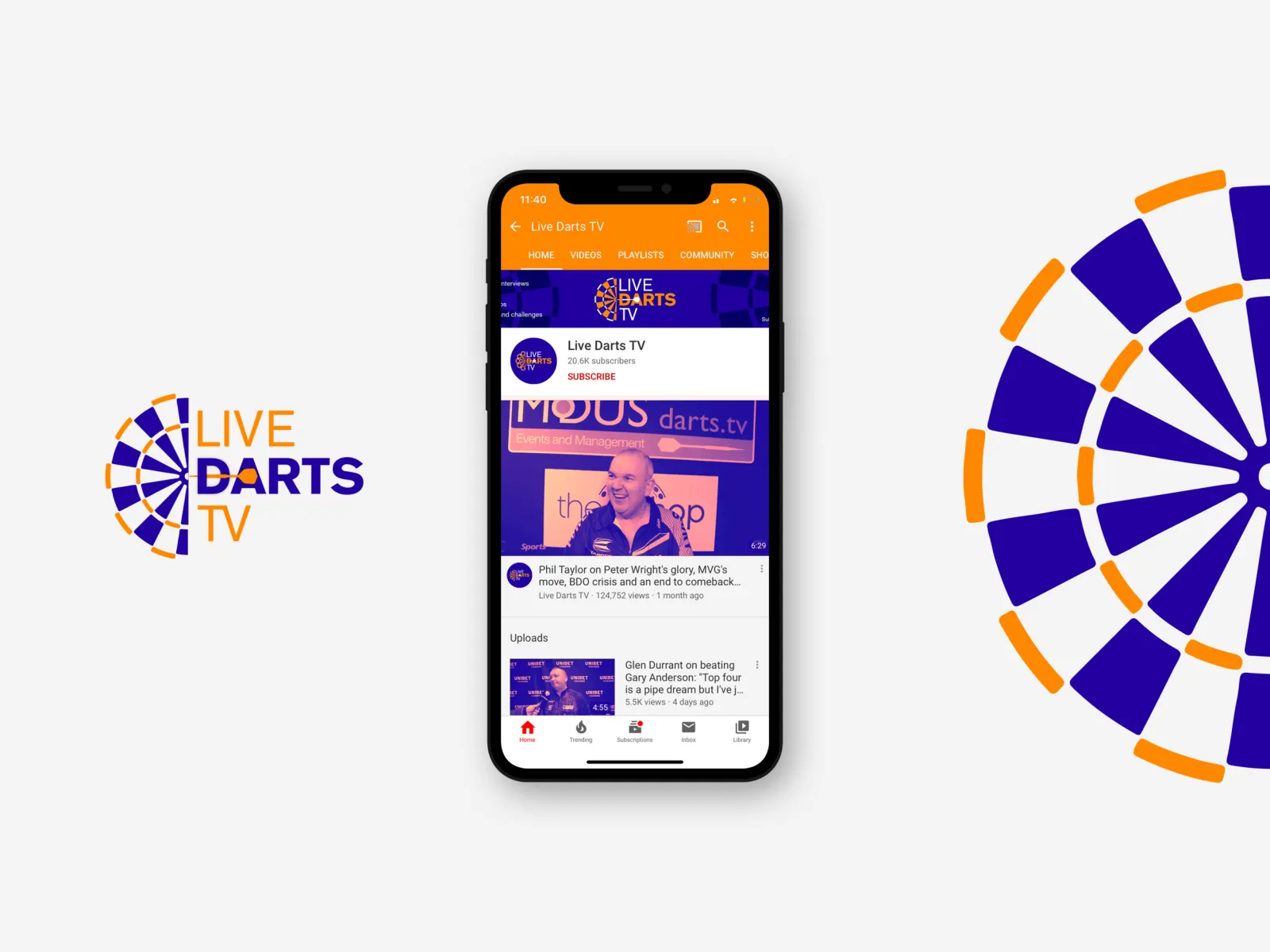 The Live Darts TV app on a phone, a video of a match playing under the orange header, with the logo and a dartboard graphic beside it.
