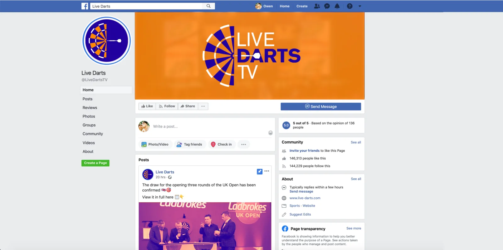 The Live Darts TV Facebook page with the branded cover image in place.