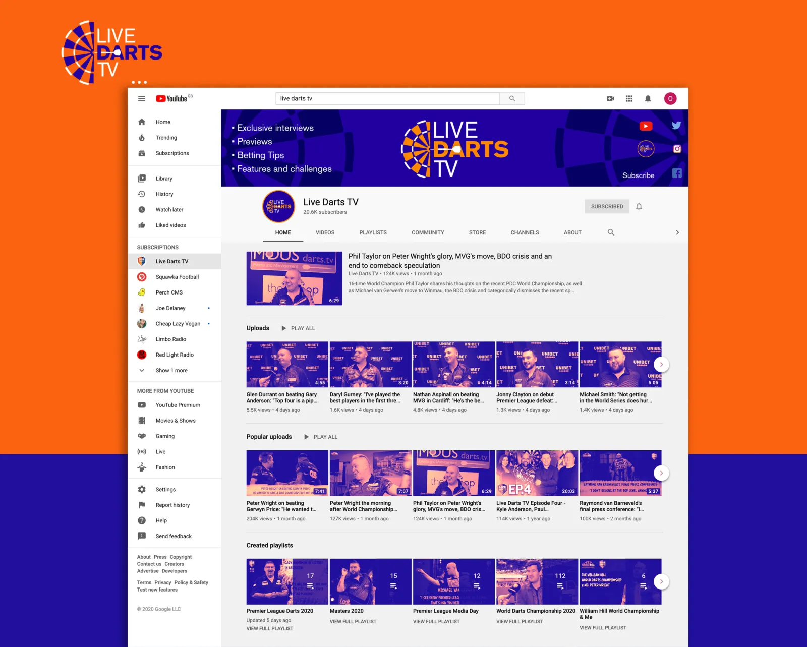 The Live Darts TV YouTube channel on a desktop, the banner and video grid in purple and orange.