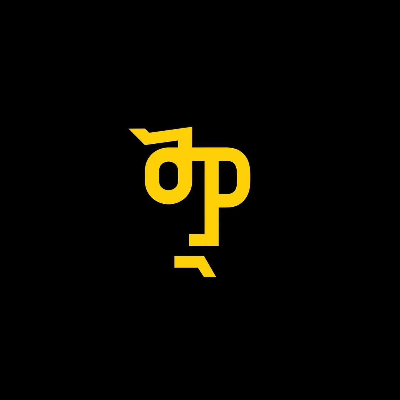 A yellow monogram of interlocking letterforms on black.