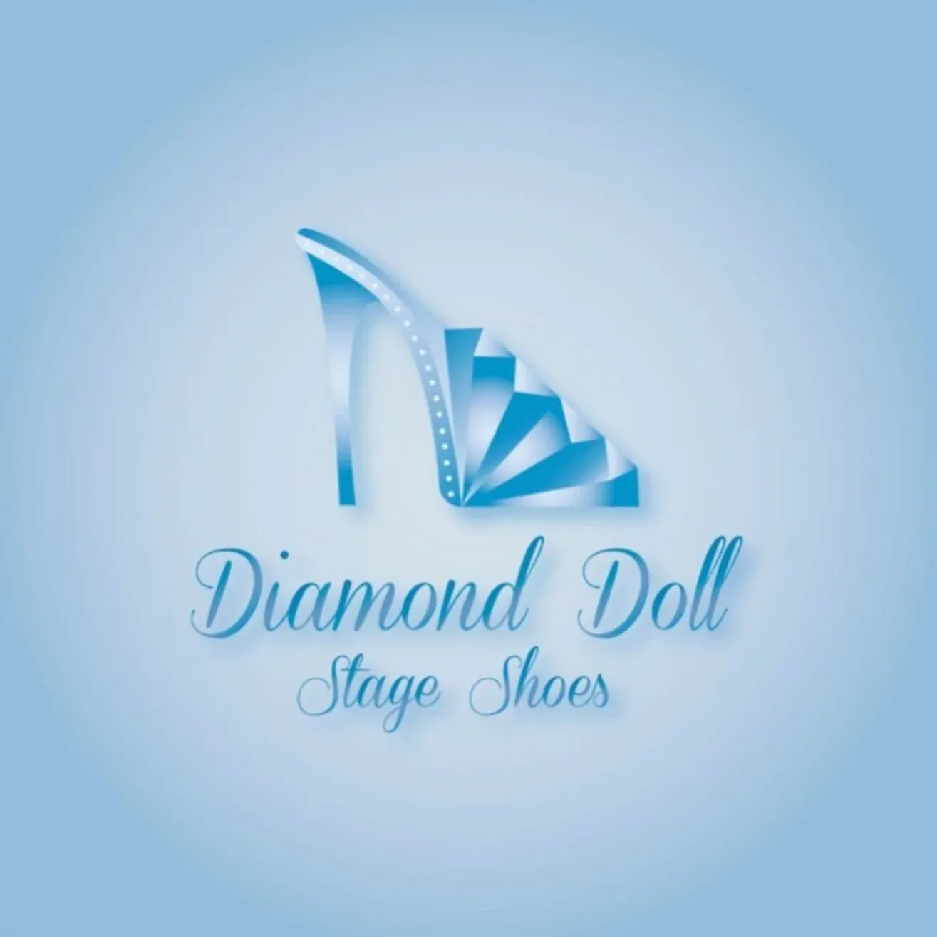 A logo for Diamond Doll Stage Shoes: a high heel drawn in crystal facets above a script wordmark, on pale blue.