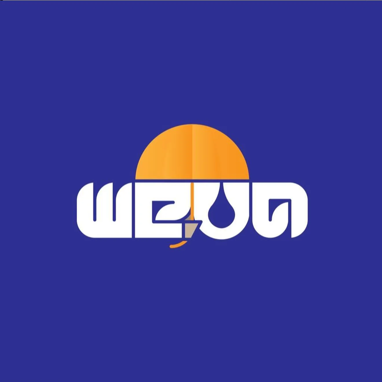 A logo for Weva: a white wordmark beneath an orange umbrella, on deep blue.