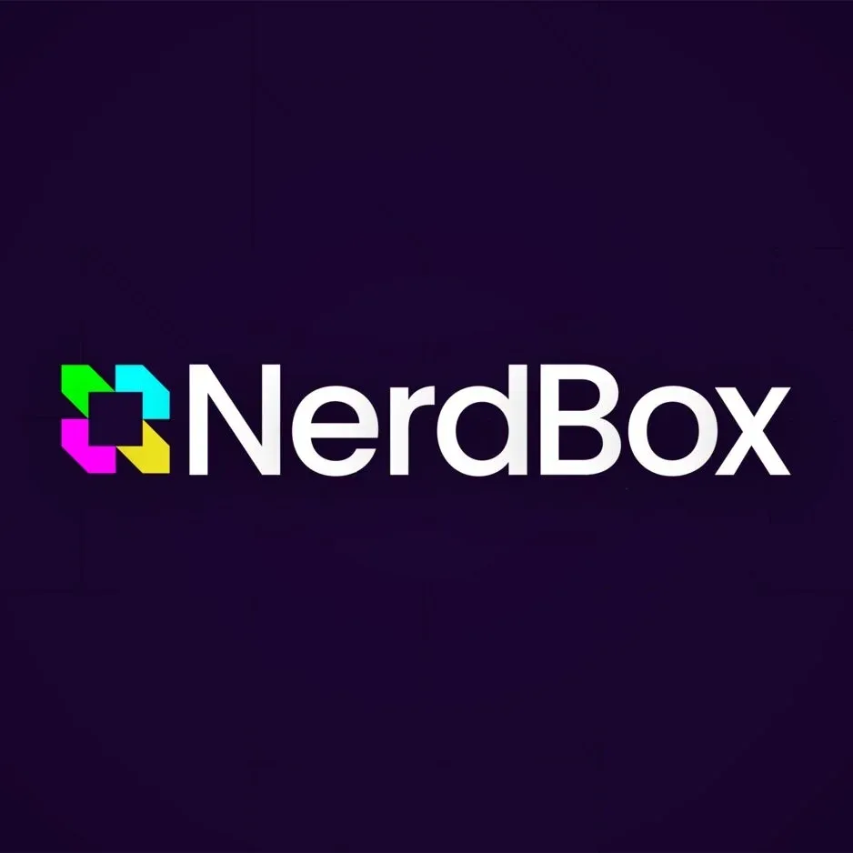 The NerdBox logotype in white beside a magenta and cyan box mark, on near-black.