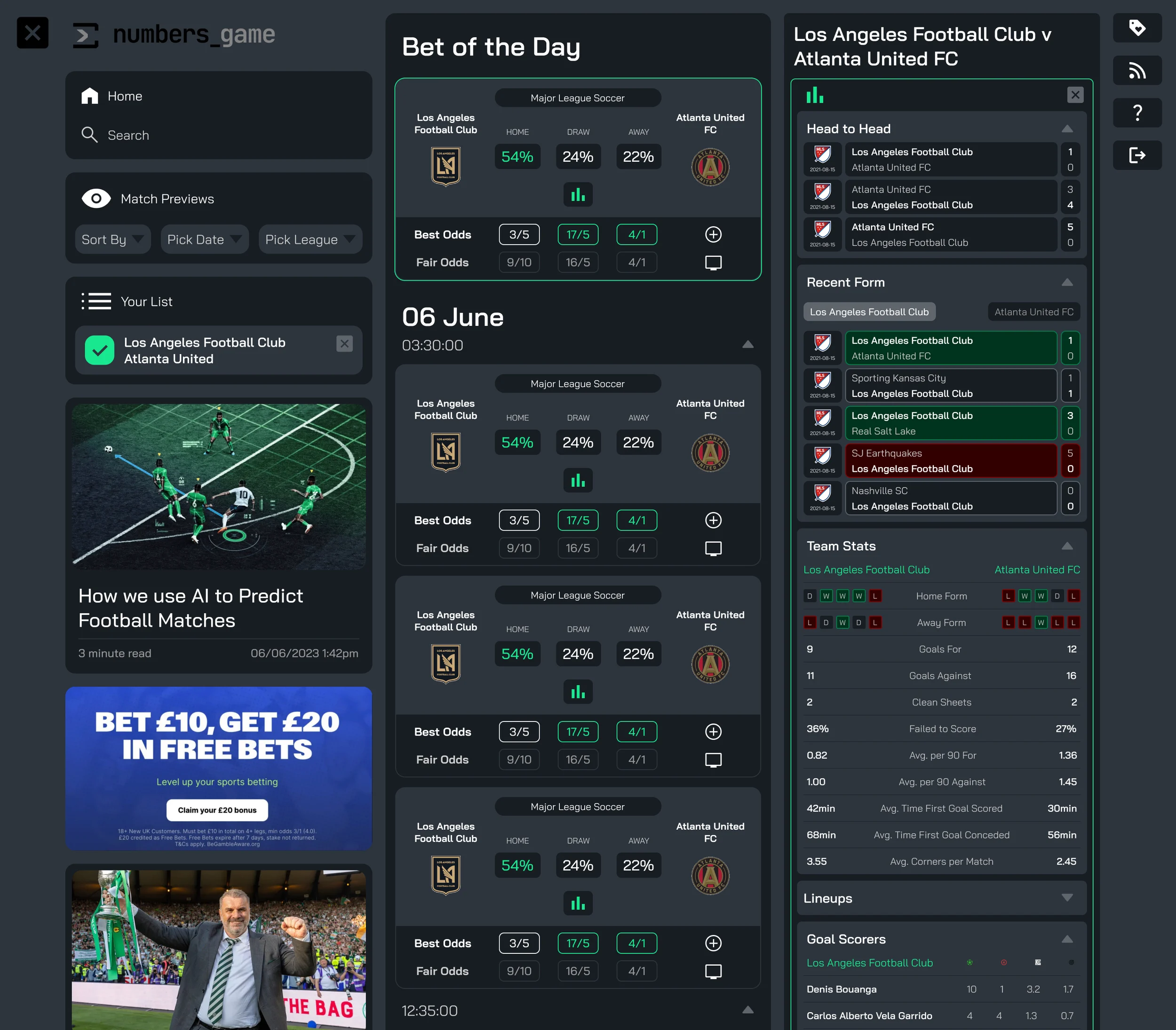 numbers_game desktop layout: navigation and articles on the left, Bet of the Day and the fixture list in the centre, match detail panel open on the right.