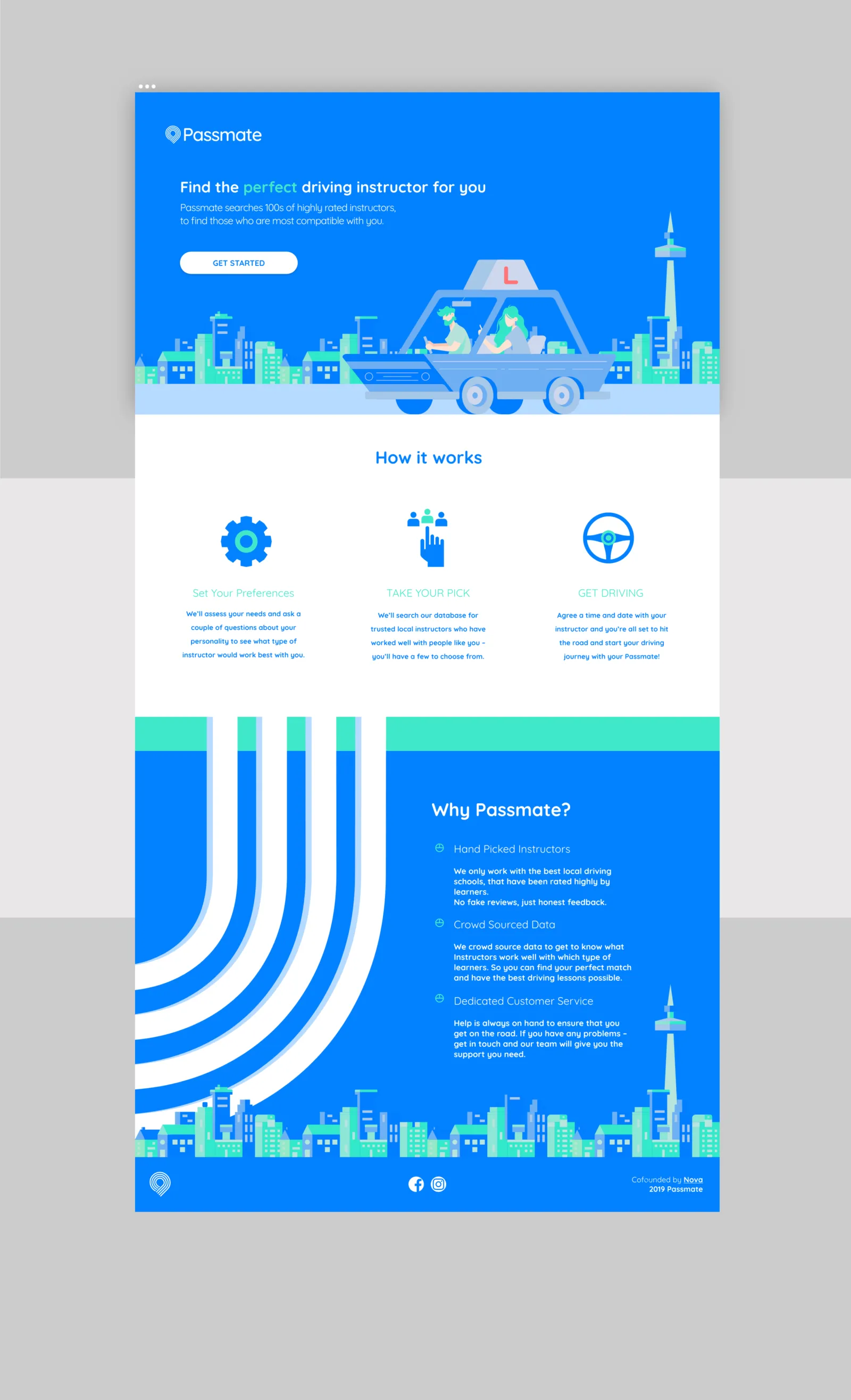 The full Passmate landing page, a long blue scroll from the hero down through the feature sections.