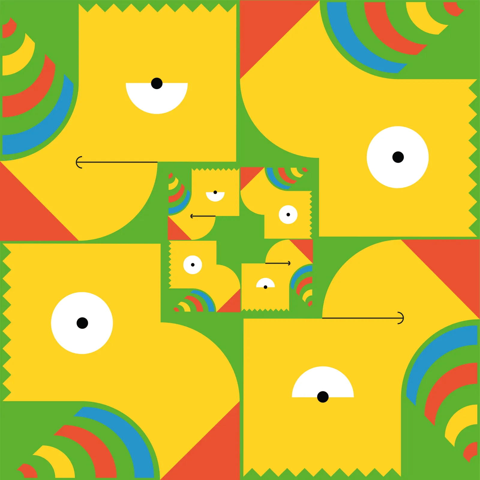 A four-way tiling pattern built from Bart Simpson, his head quartered and mirrored into yellow, red and green blocks.