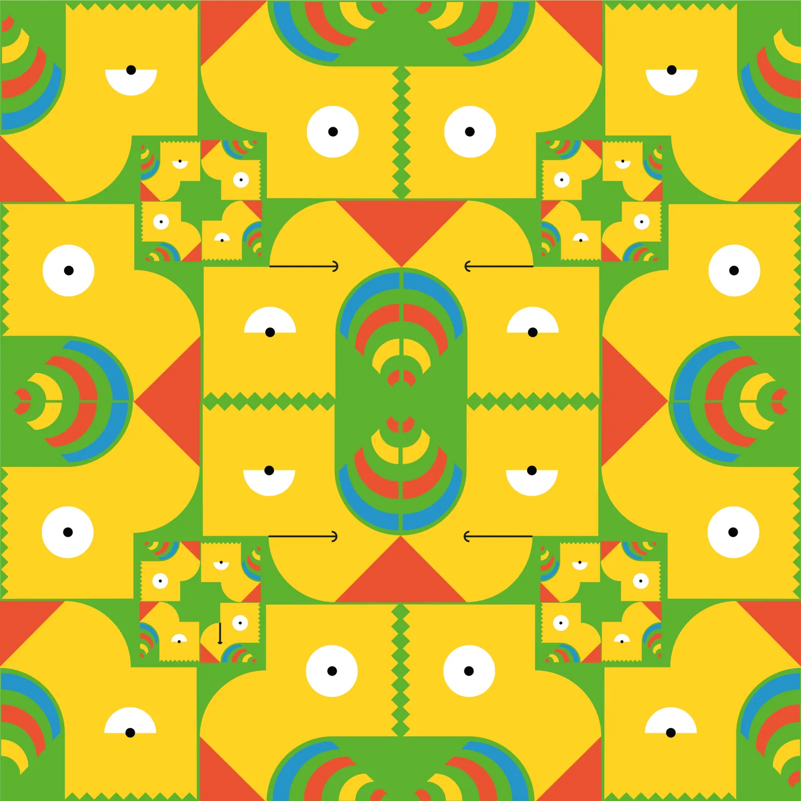 The same Bart pattern at a tighter repeat, the faces resolving into a symmetrical green and yellow lattice.