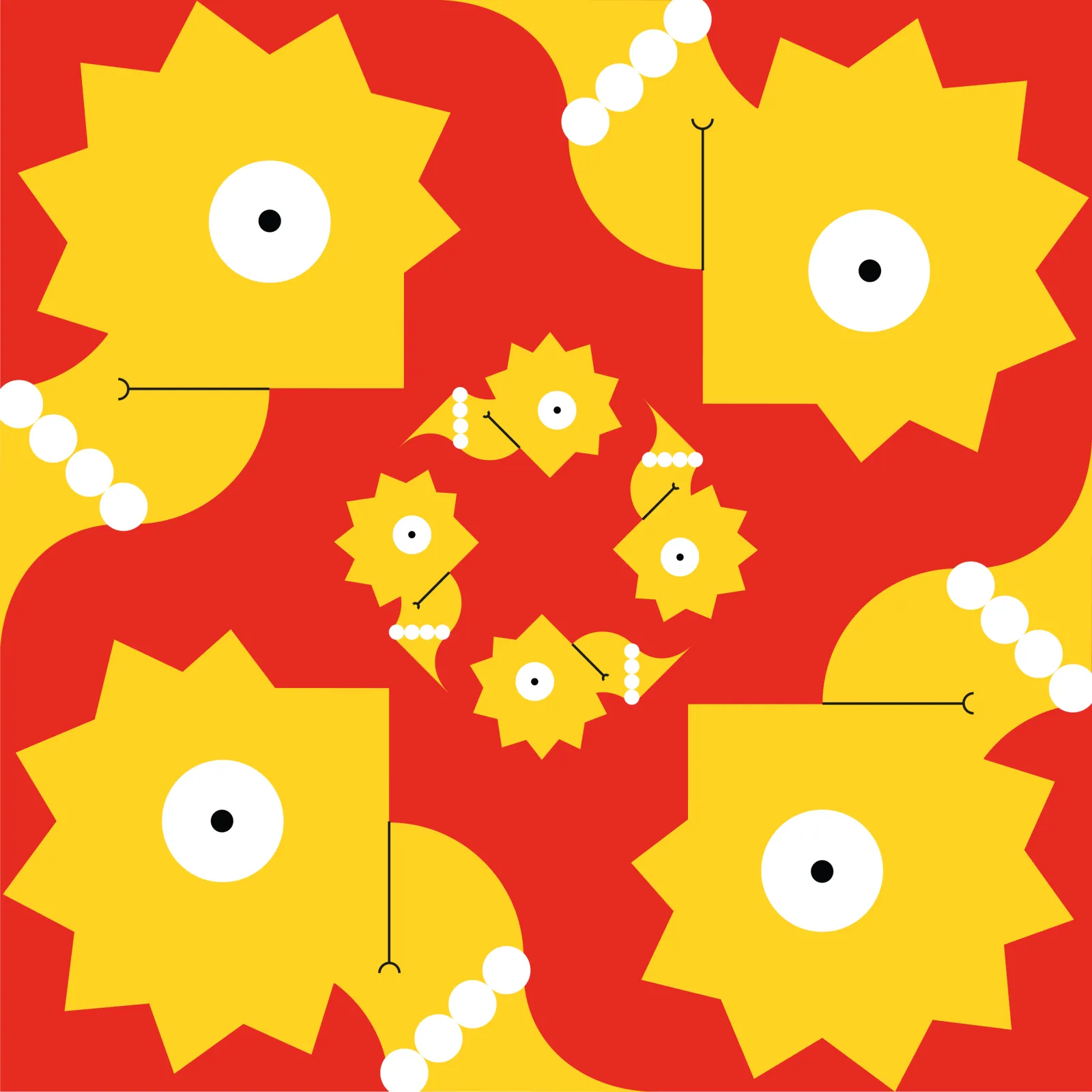 A tiling pattern from Lisa Simpson, her spiked yellow hair mirrored into star shapes on red.
