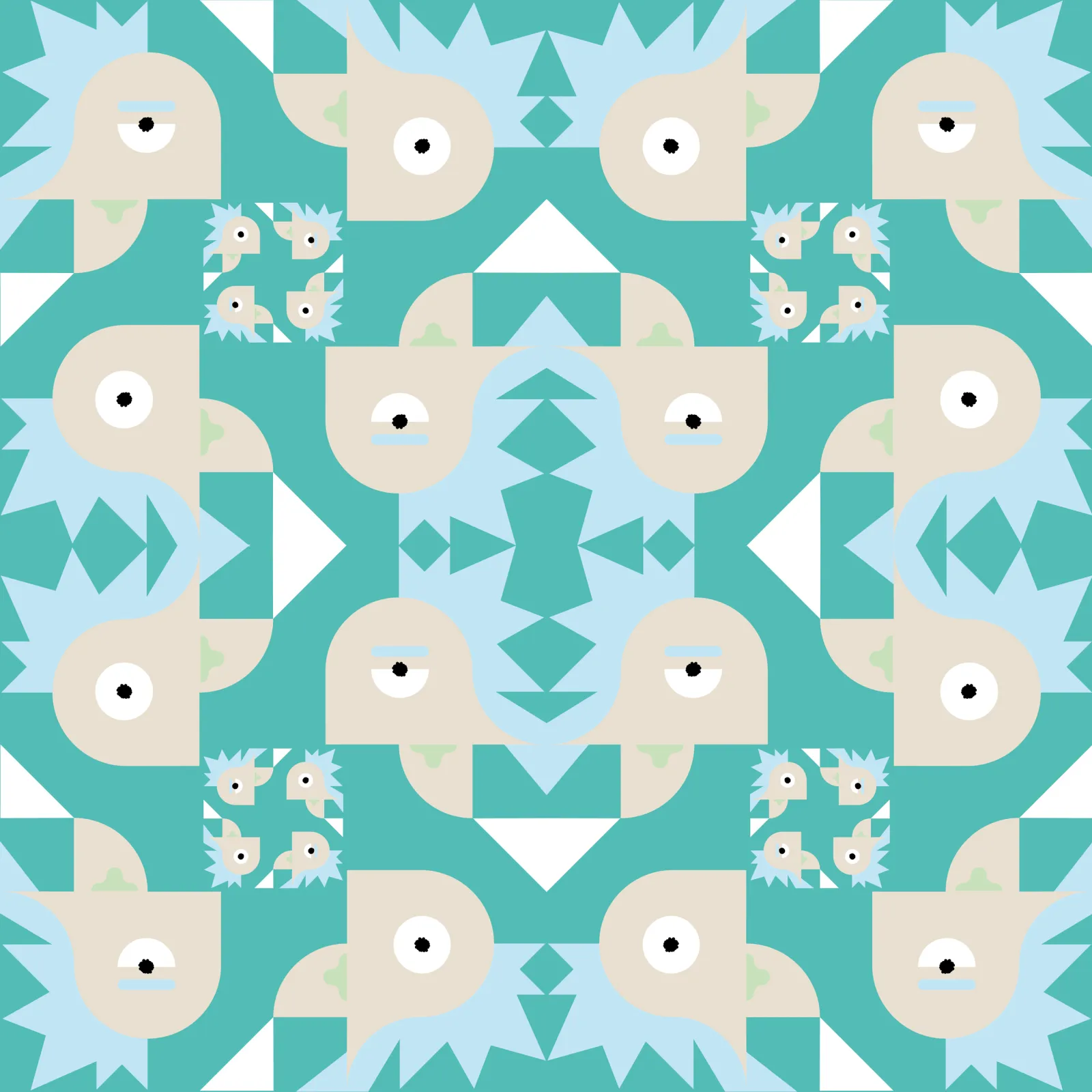 A tiling pattern from Rick Sanchez, mirrored into a pale teal and cream kaleidoscope.