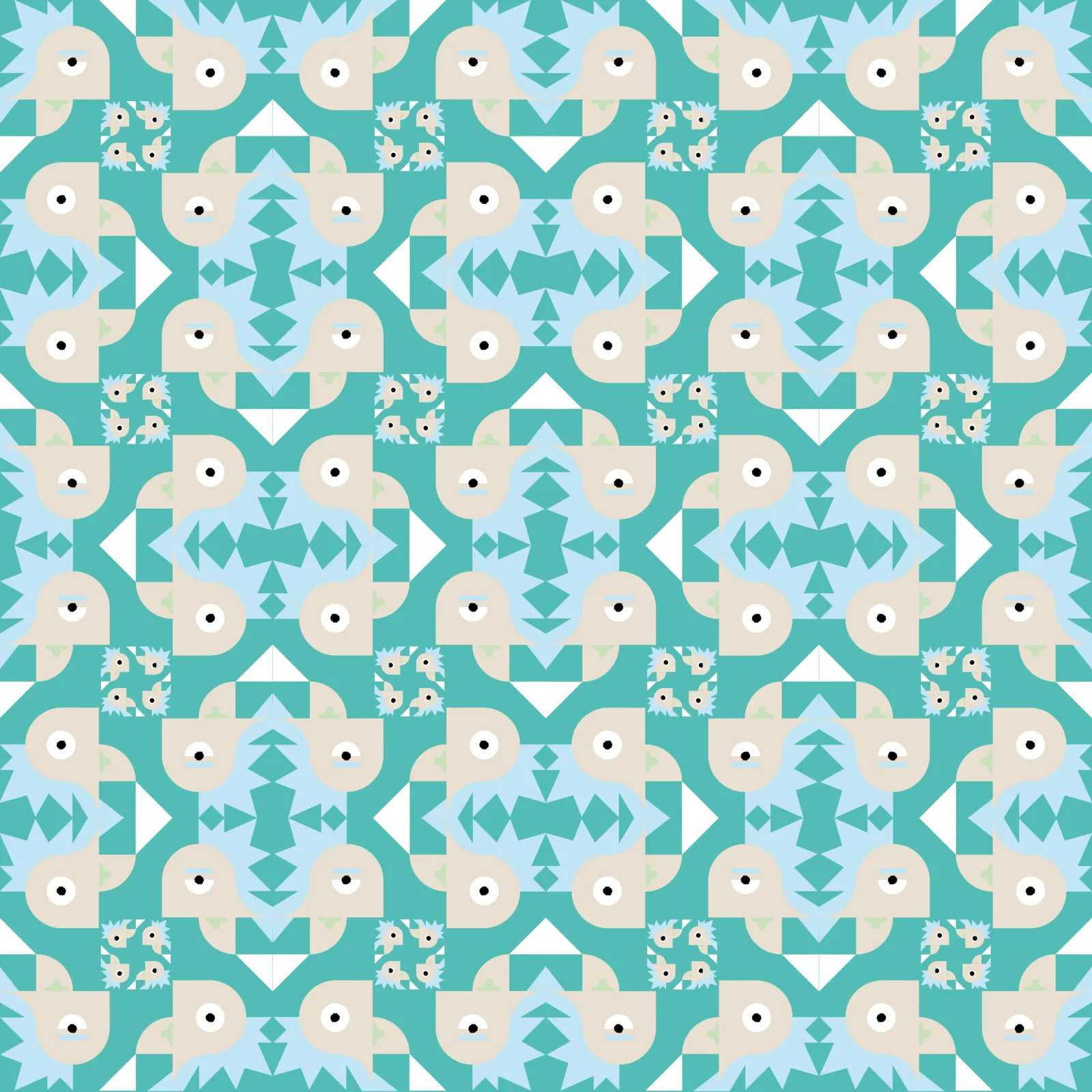 The Rick pattern at a tighter repeat, the faces resolving into teal medallions.