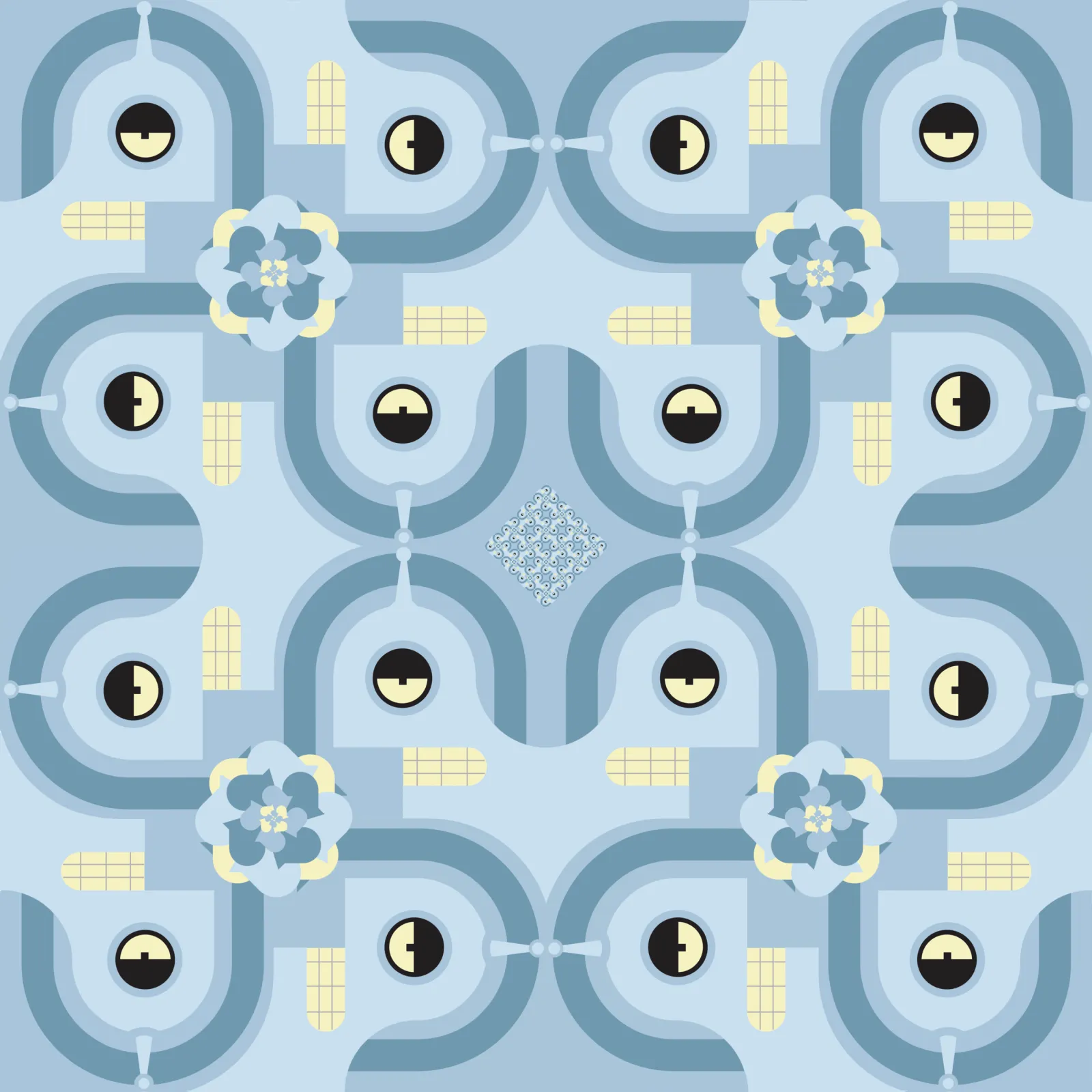 A tiling pattern from Bender, his visor and head mirrored into pale blue arches and eyes.