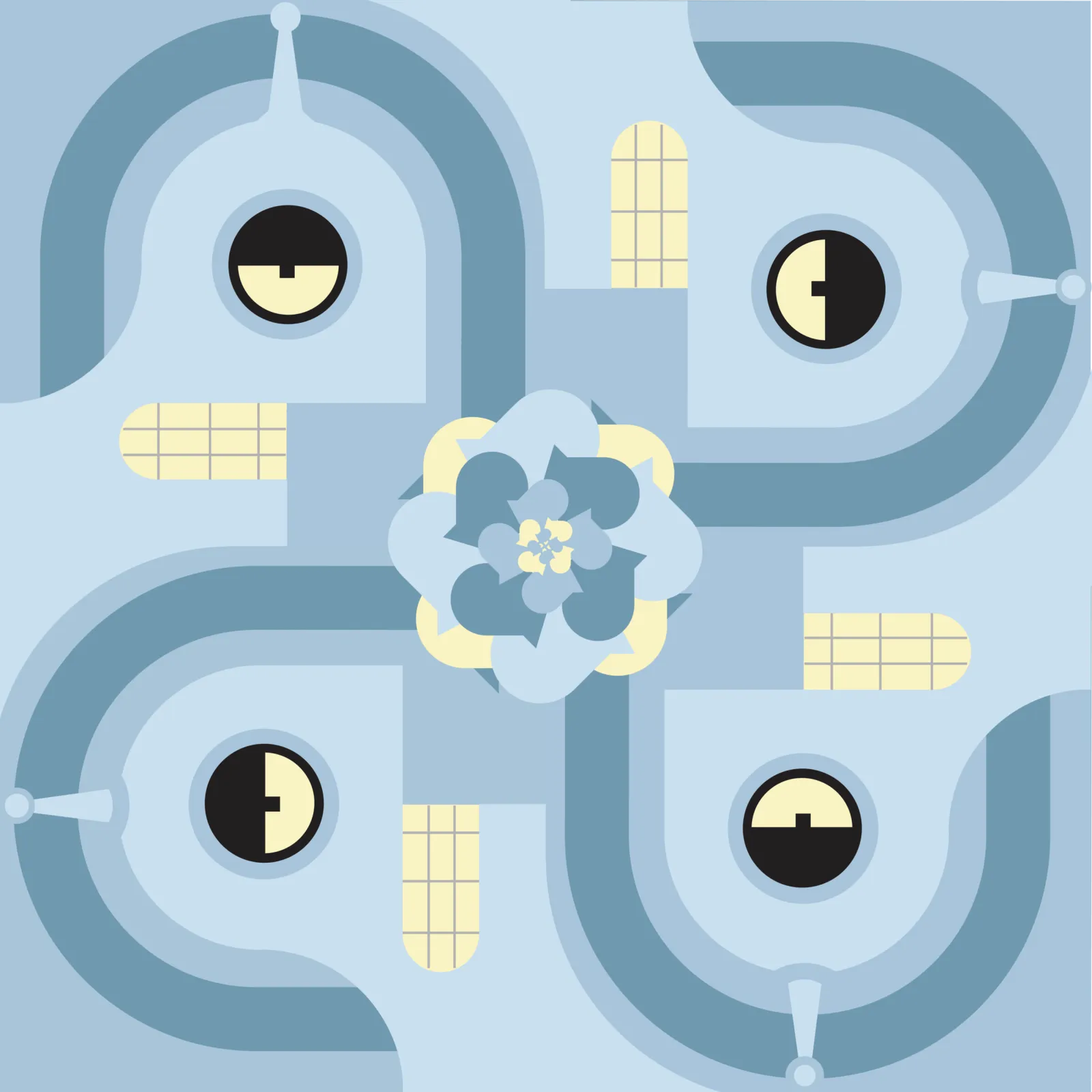 The Bender pattern at a large repeat, four heads around a cream flower.