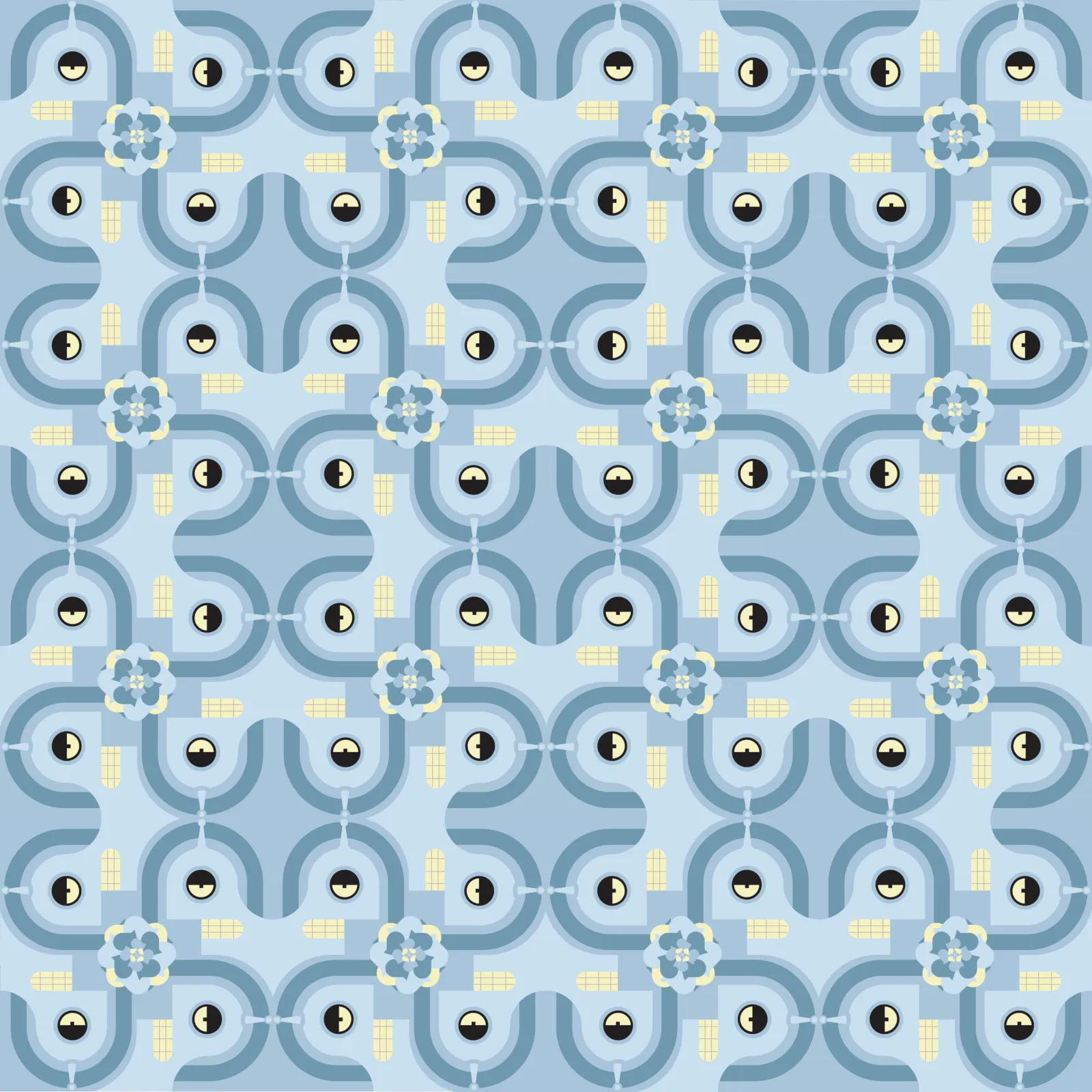 The Bender pattern at a small repeat, an allover pale blue field of eyes.