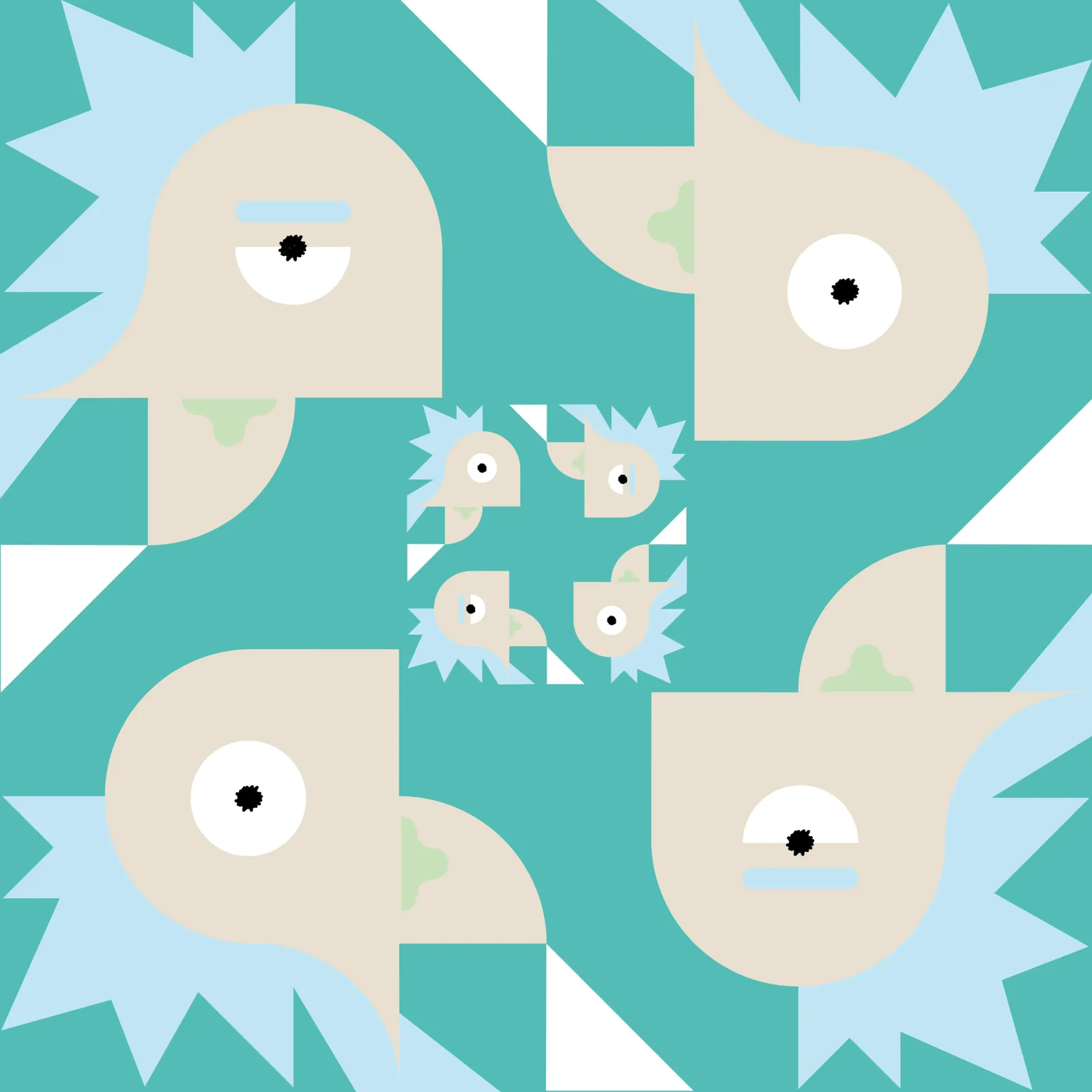 A large-scale Rick repeat, two heads and a spiked collar filling the tile in teal and cream.