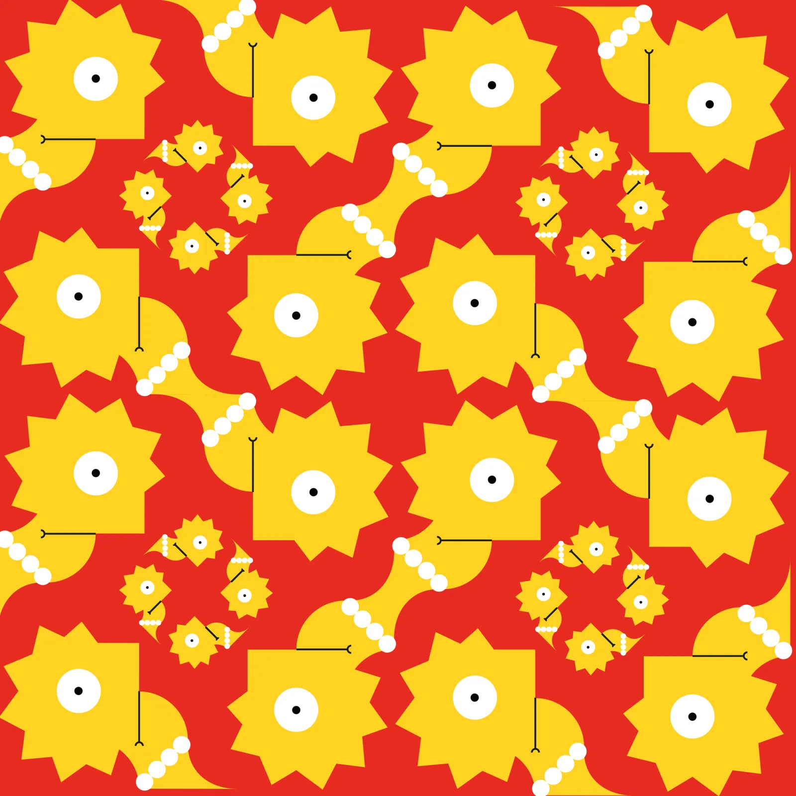 A looser Lisa repeat, the spiked heads spaced out as yellow rosettes on red.