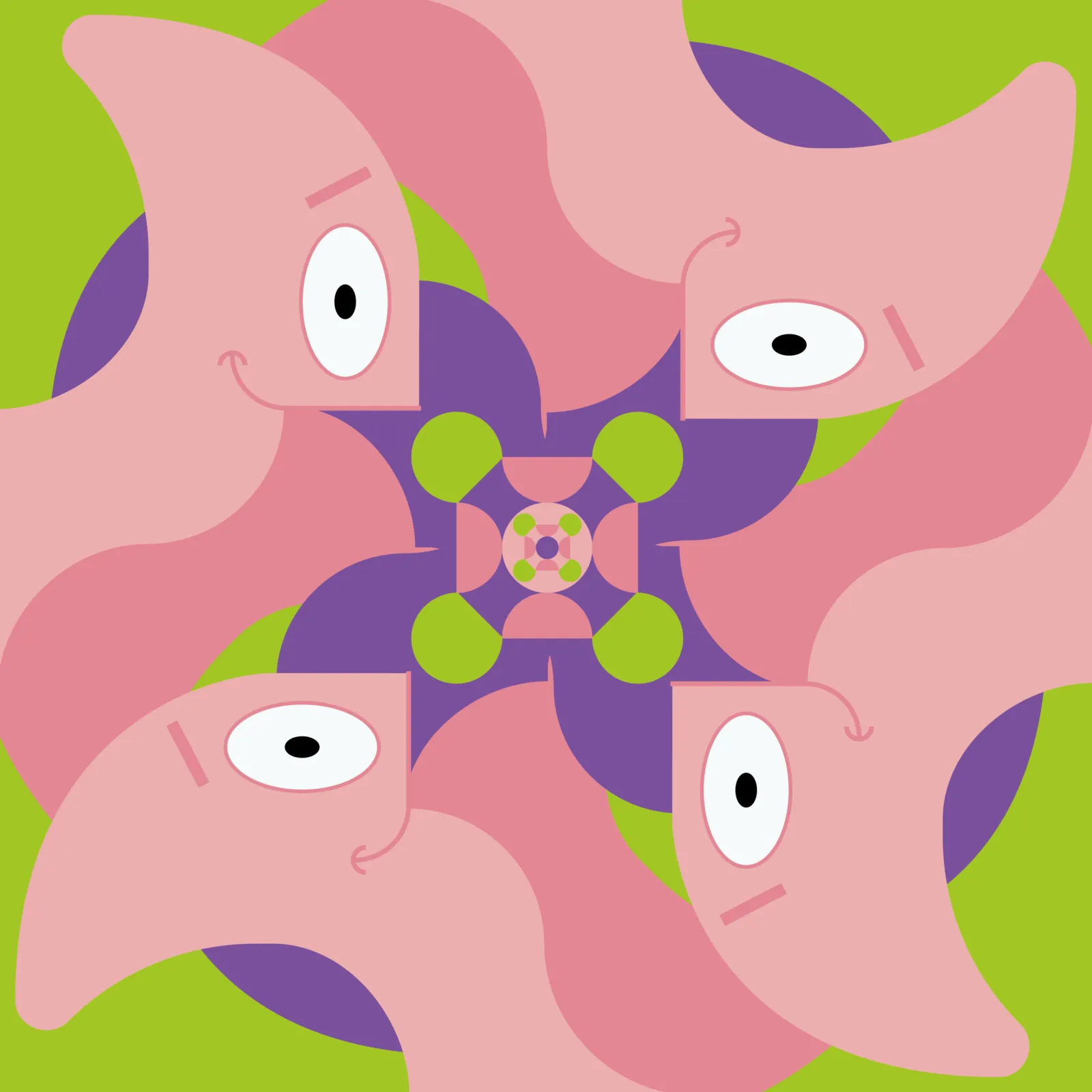 A tiling pattern from Patrick Star, mirrored into a pink pinwheel on green.