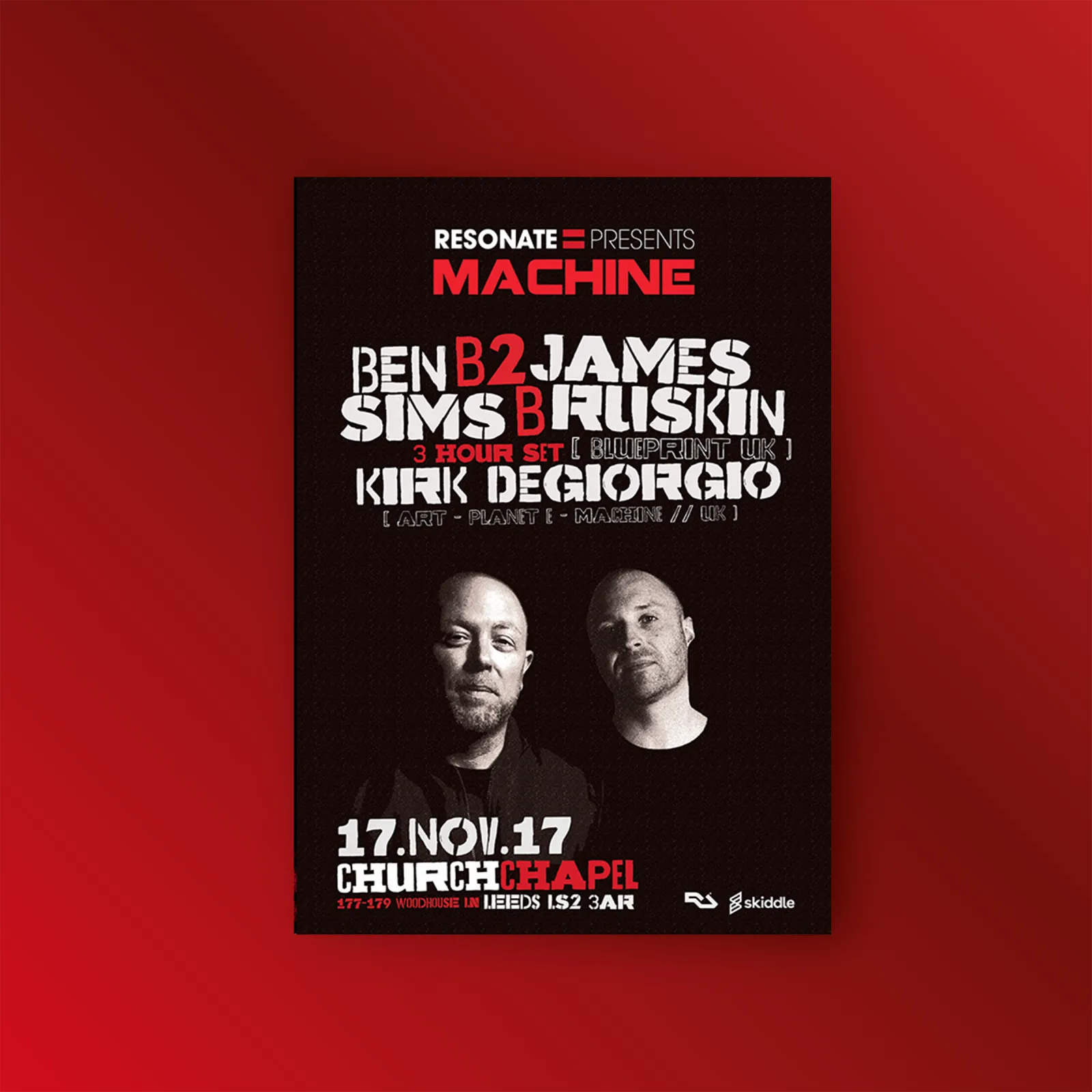 A Resonate Presents poster for Ben Sims back to back with James Ruskin and Kirk Degiorgio, black and red with cut-out portraits, shown on a red ground.
