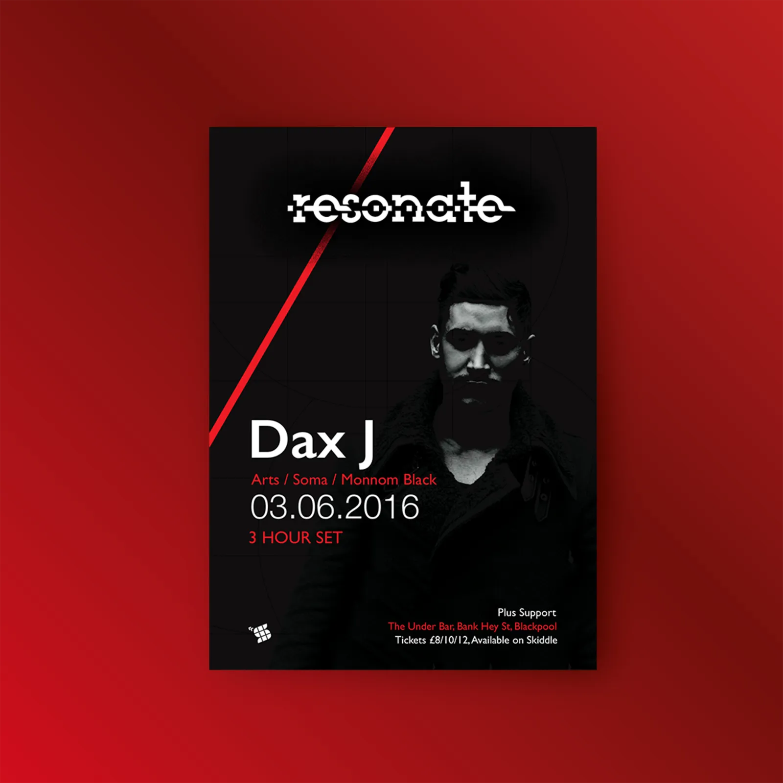 A Resonate poster for Dax J, the artist in monochrome behind a red diagonal and the date beneath.
