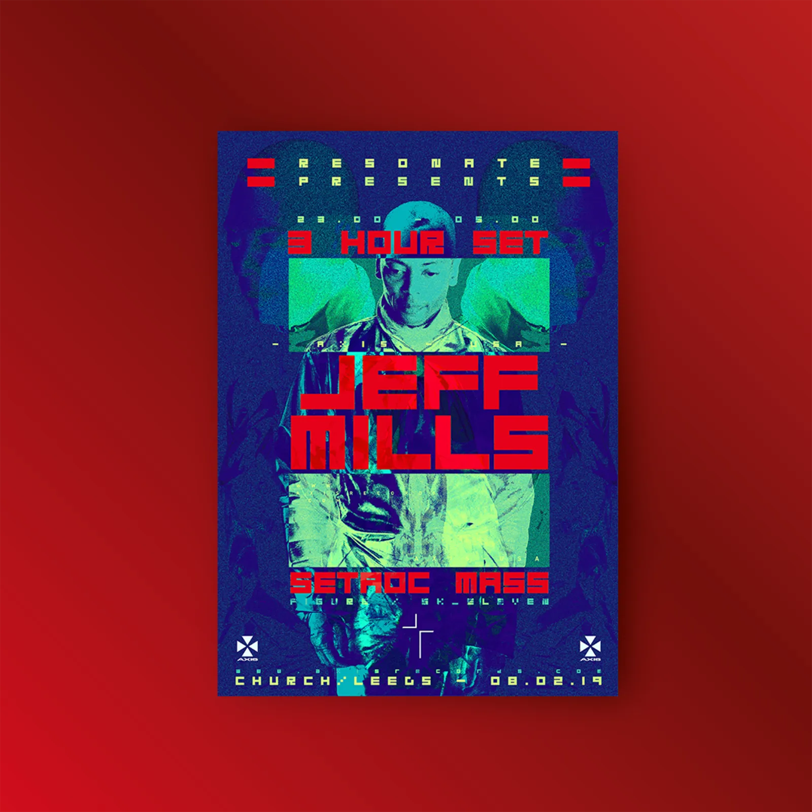 A Jeff Mills poster in a different register: acid green and blue over a duotone portrait.