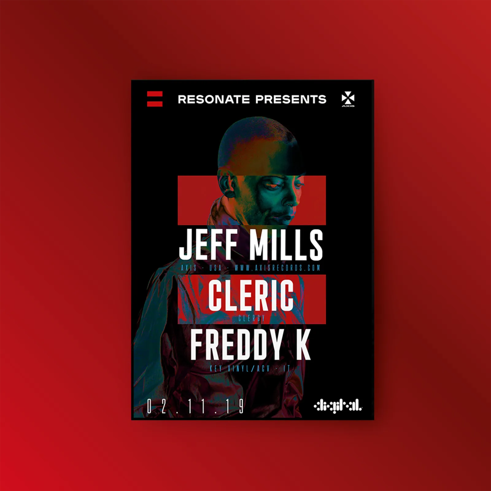 A Resonate poster billing Jeff Mills, Cleric and Freddy K, names stacked in white and red over a colourised portrait.