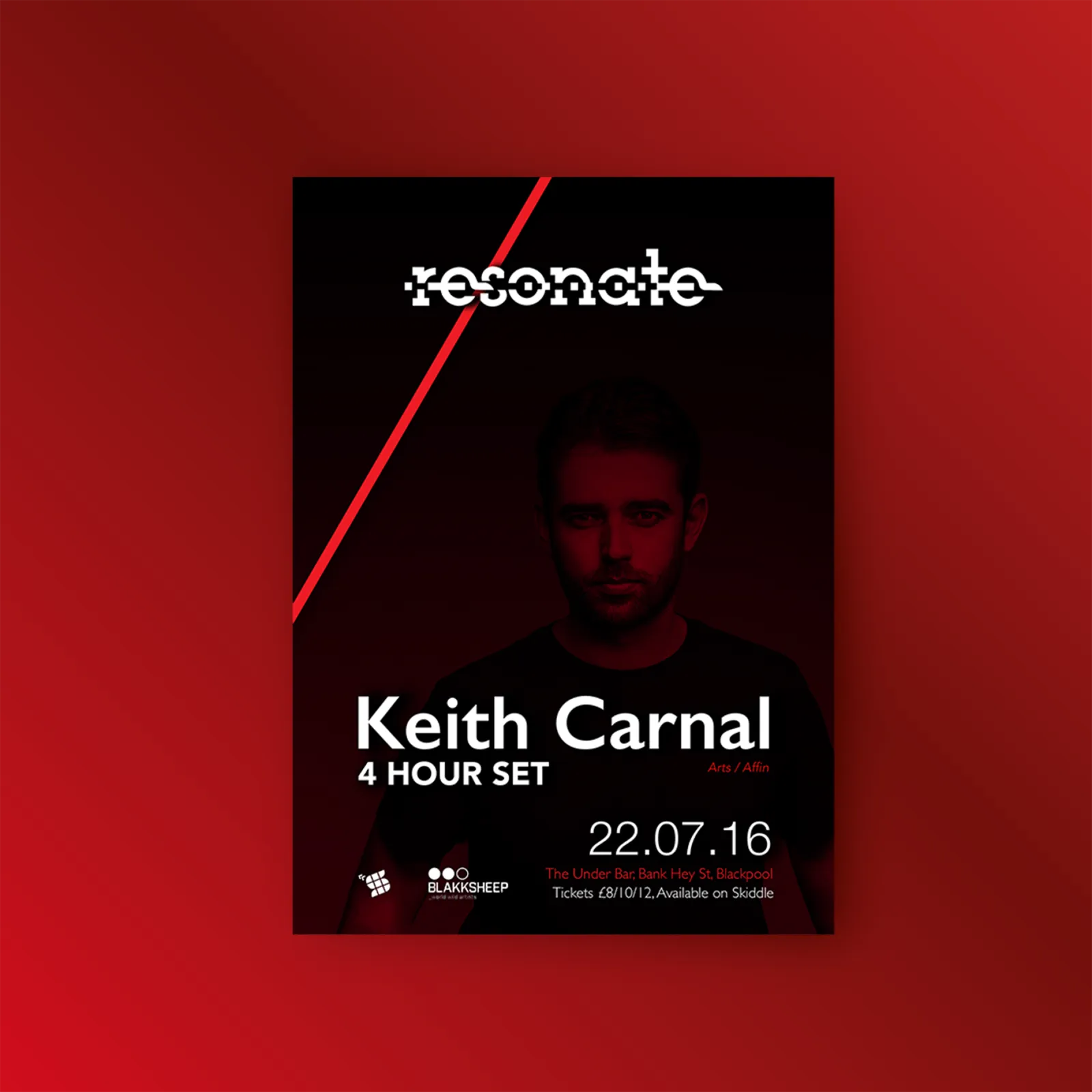 A Resonate poster for a Keith Carnal four hour set, black with the red diagonal.