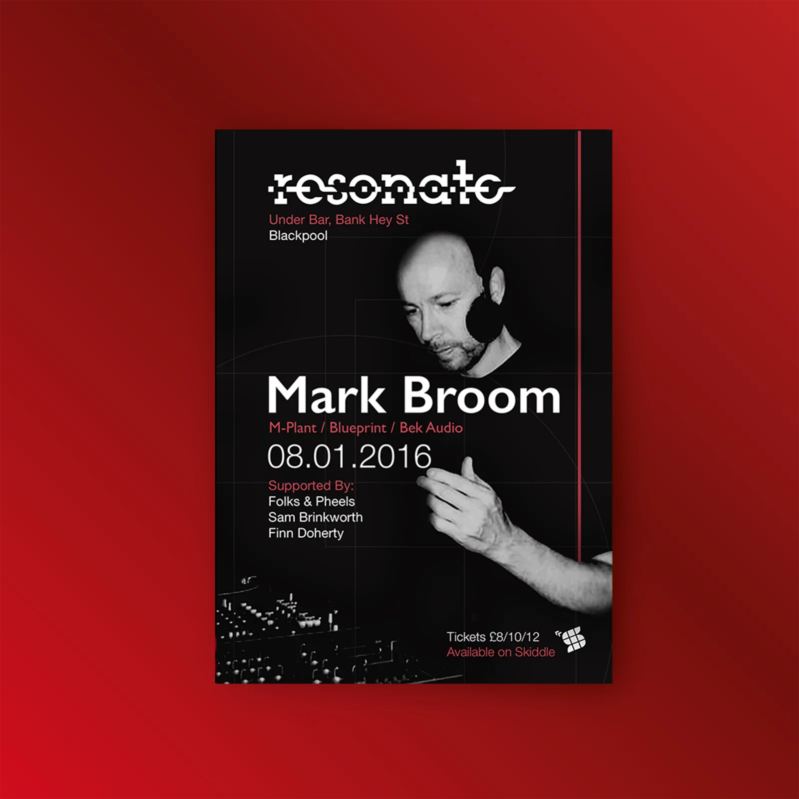 A Resonate poster for Mark Broom, the artist photographed against a dark ground with the supporting bill beneath.