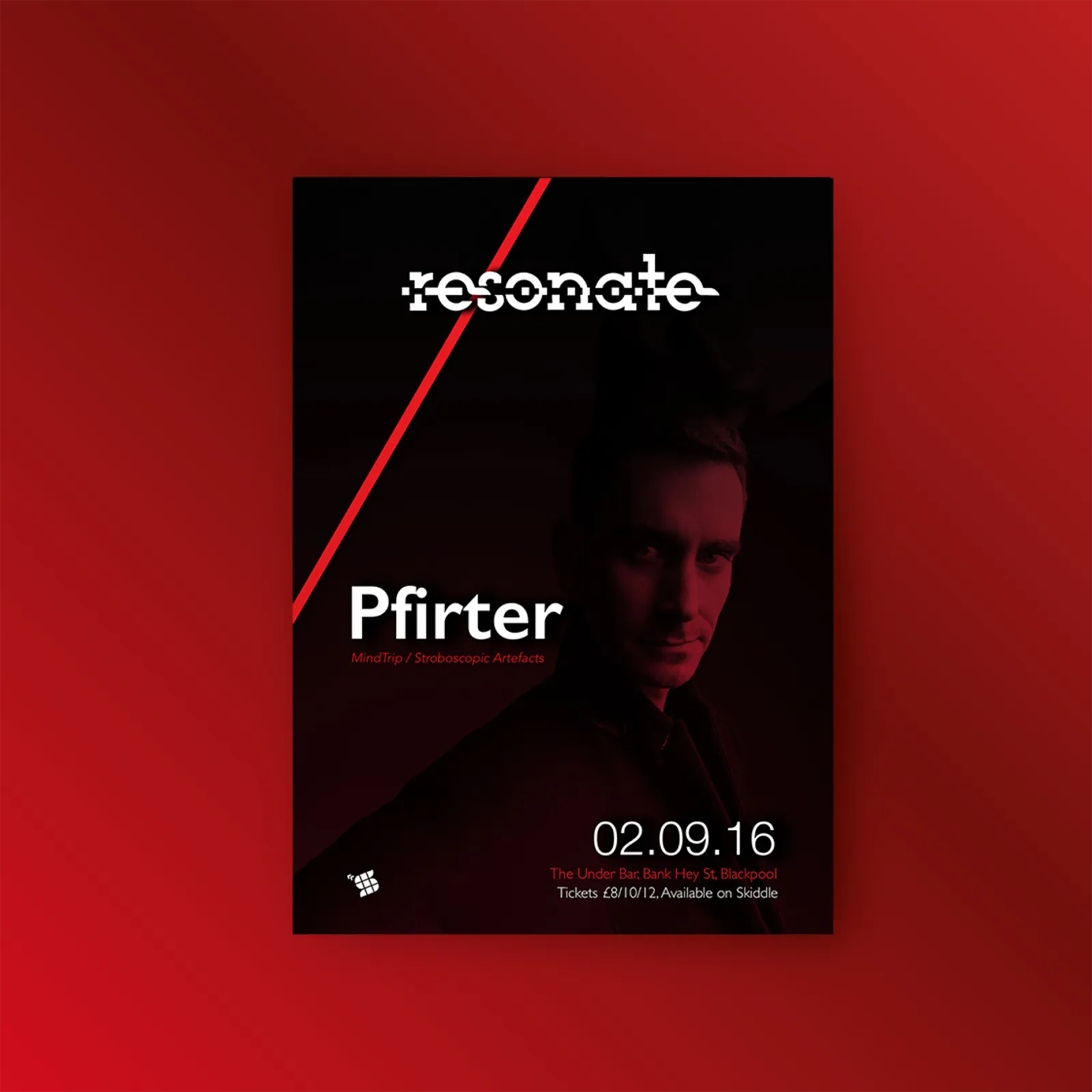 A Resonate poster for Pfirter, the artist in monochrome behind the red diagonal.