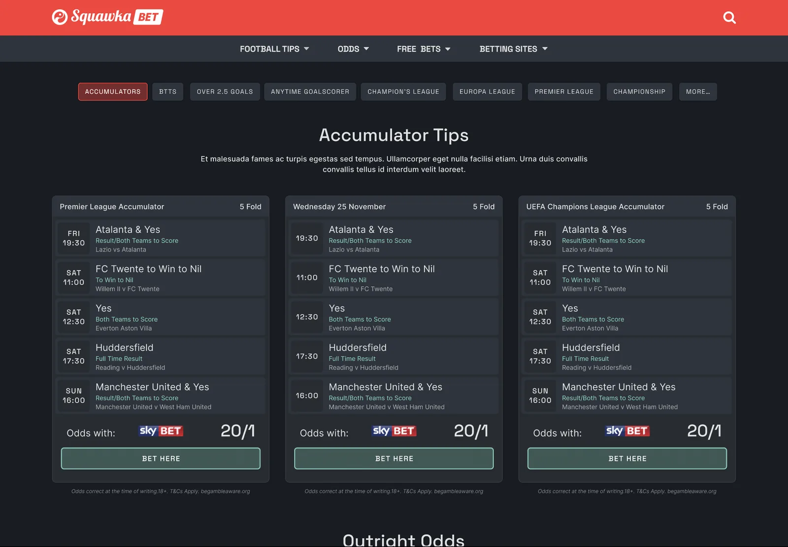 A Squawka Bet accumulator tips page: three columns of suggested accumulators, each leg listed with its price and a bet button, above an outright odds table.
