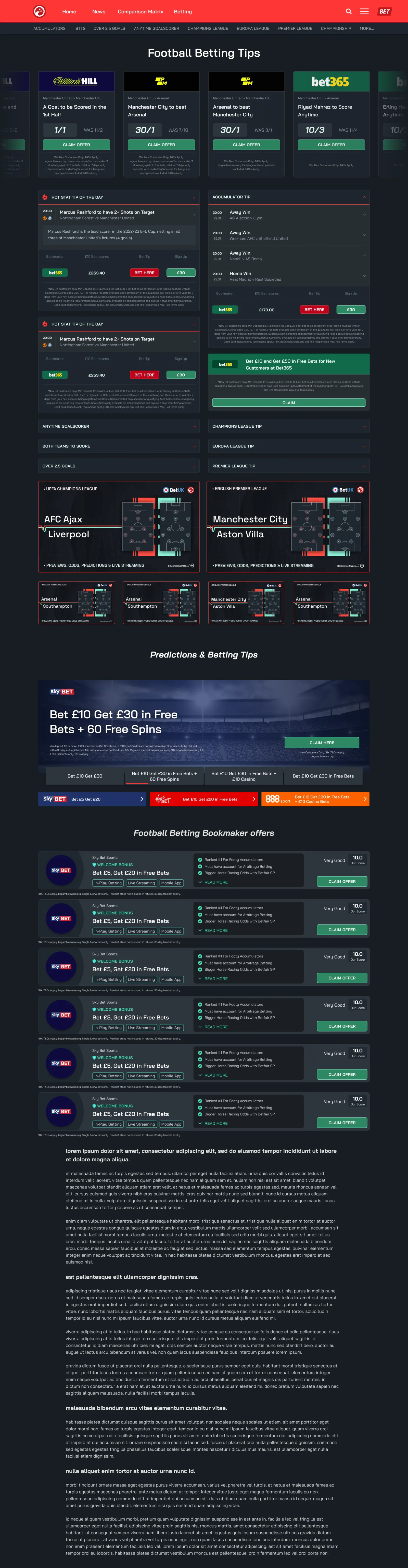 The Squawka Bet football betting tips page, with a red navigation bar carrying Home, News, Comparison Matrix and Betting, a row of bookmaker offer cards beneath it, and stacked panels headed Hot Stat Tip Of The Day and Accumulator Tip.
