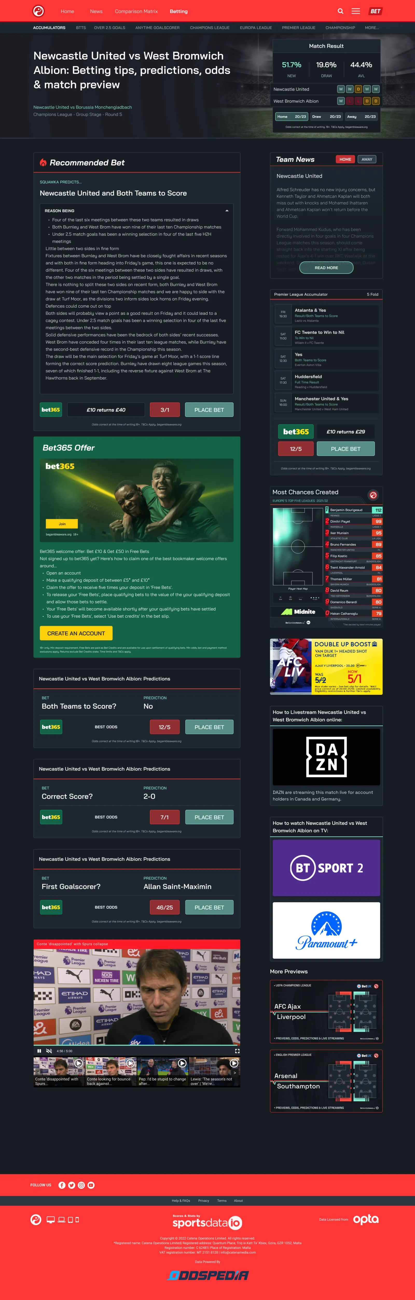 A Squawka Bet match page for Newcastle United against West Bromwich Albion, showing a Match Result panel with three outcome percentages, five game form strips for both sides, a Recommended Bet panel headed Squawka Predicts with an expanded Reason list, and a Team News column.