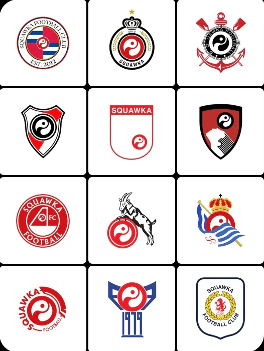 A four by three grid of club crests with the Squawka mark placed among them, to test how it reads beside the badges it will sit next to.