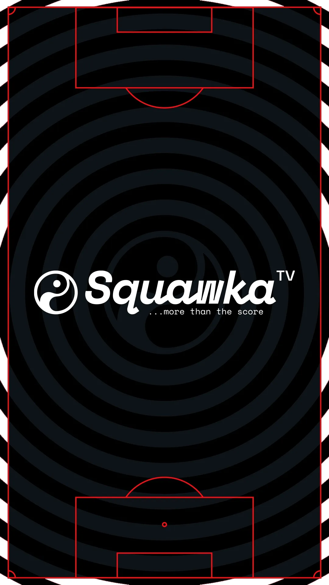 A Squawka TV lockup: the Squawka mark and the letters TV in white, centred on a black panel with concentric rings and a dashed pitch outline.