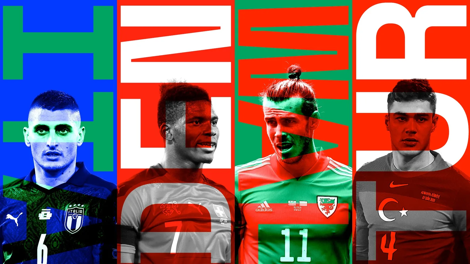 Split poster of Italy, Wales, Turkey and Switzerland players