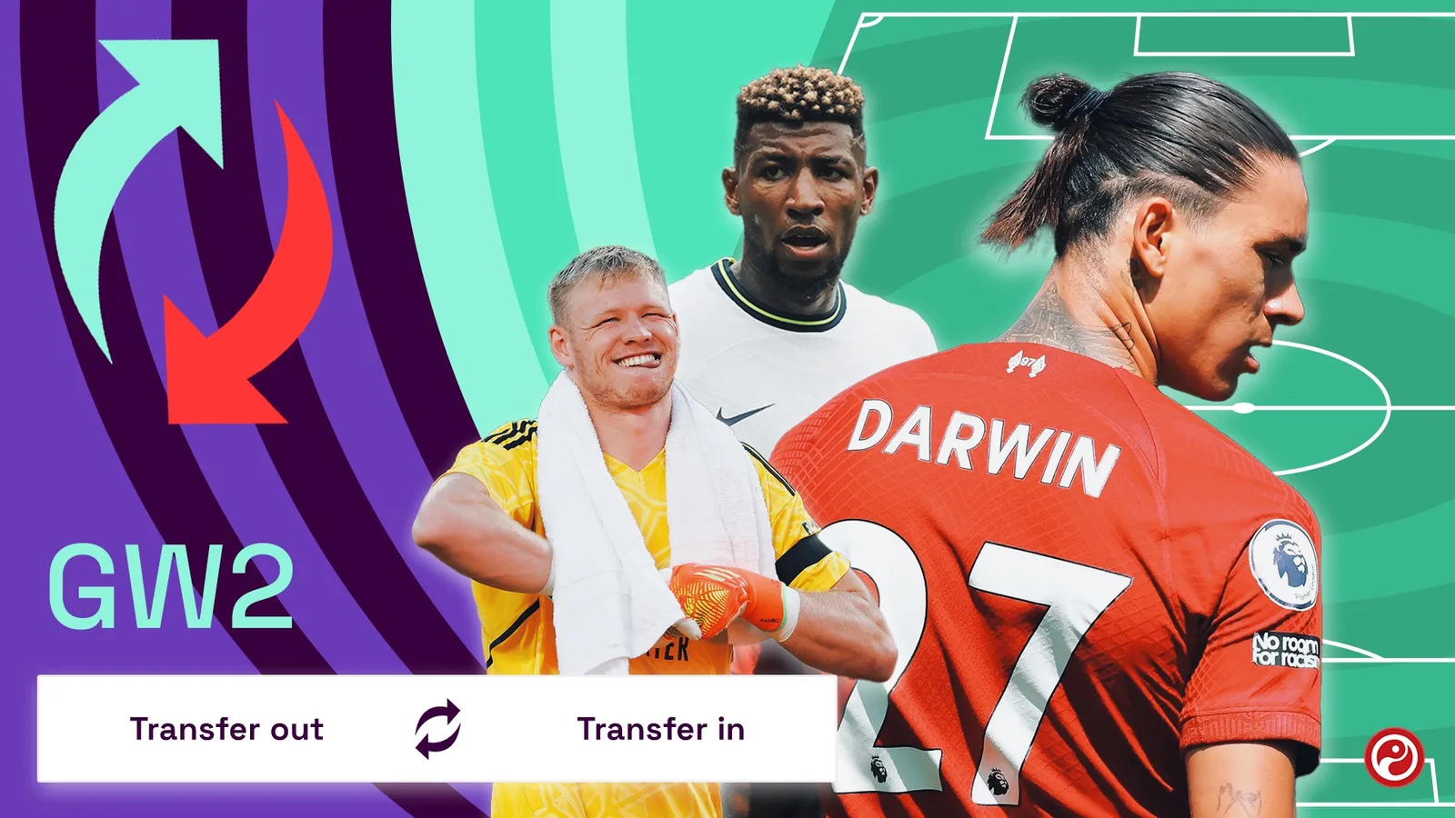 A wide fantasy football gameweek two graphic, transfer out on the left and transfer in on the right, with two player cut-outs against a purple and green split background.